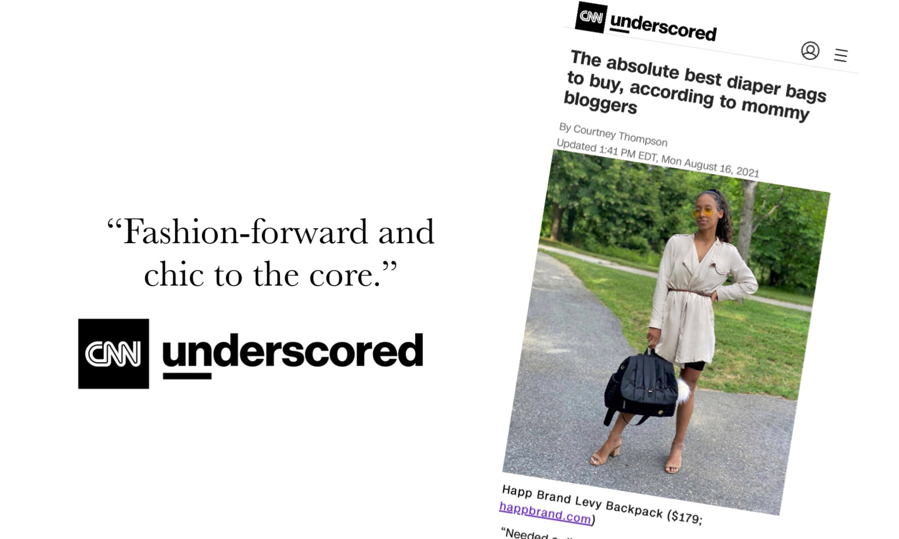 CNN article on the best diaper bags according to mom bloggers, featuring HAPP Levy Backpack in Black modeled by a mom