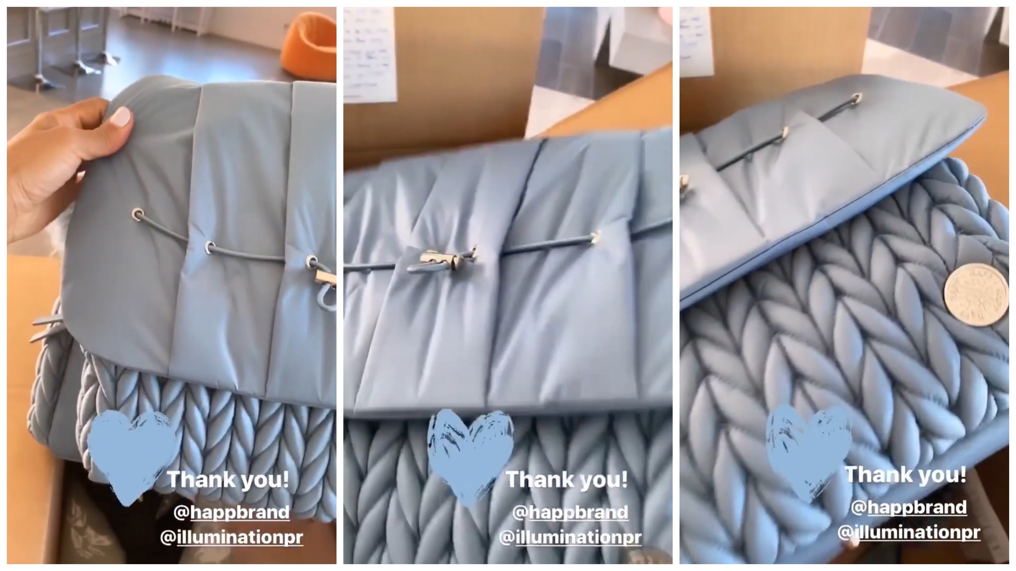 Screenshots from actress Christina Milian's IG story unboxing her HAPP Levy Backpack in Ash Blue
