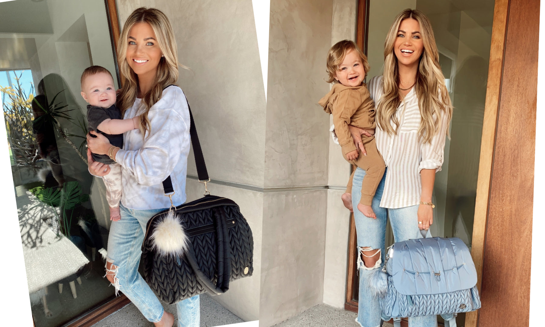 Mom influencer Amber Lancaster modeling HAPP's Paige Carryall Black and Levy Backpack Ash Blue with her son