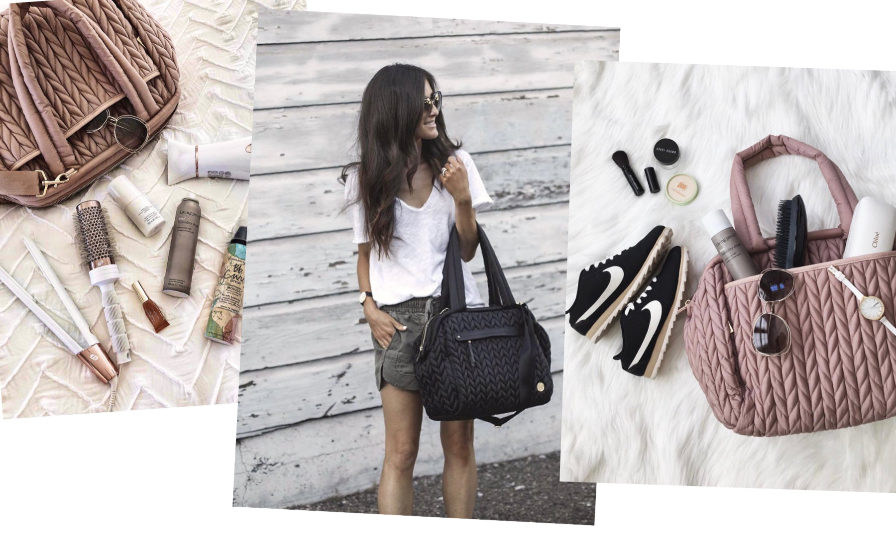 Aylin wears her HAPP Paige Carryall in Black, while showing how she packs her Paige Carryall in Dusty Rose.