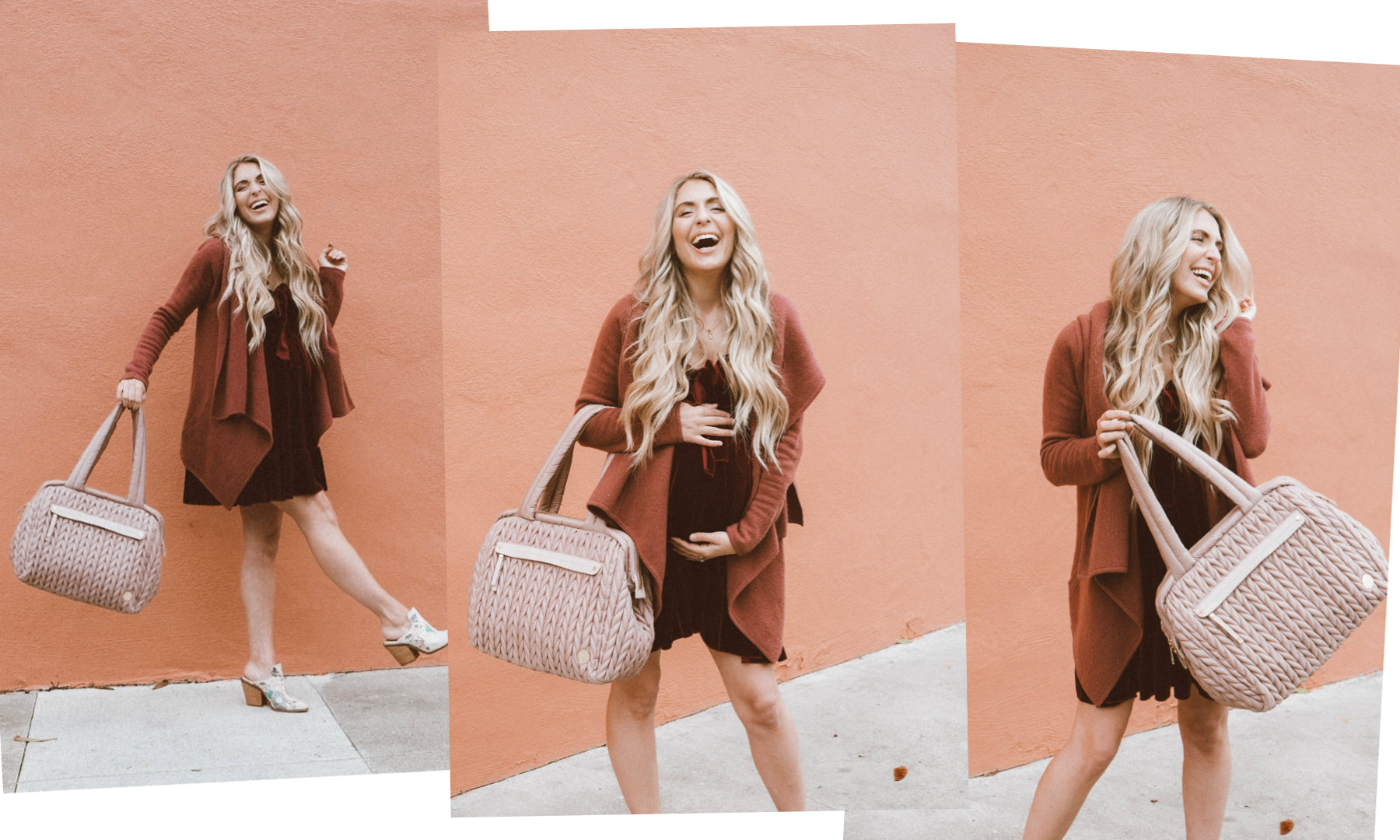 Influencer Chantelle Paige modeling the HAPP Paige Carryall in Rose while pregnant with her baby