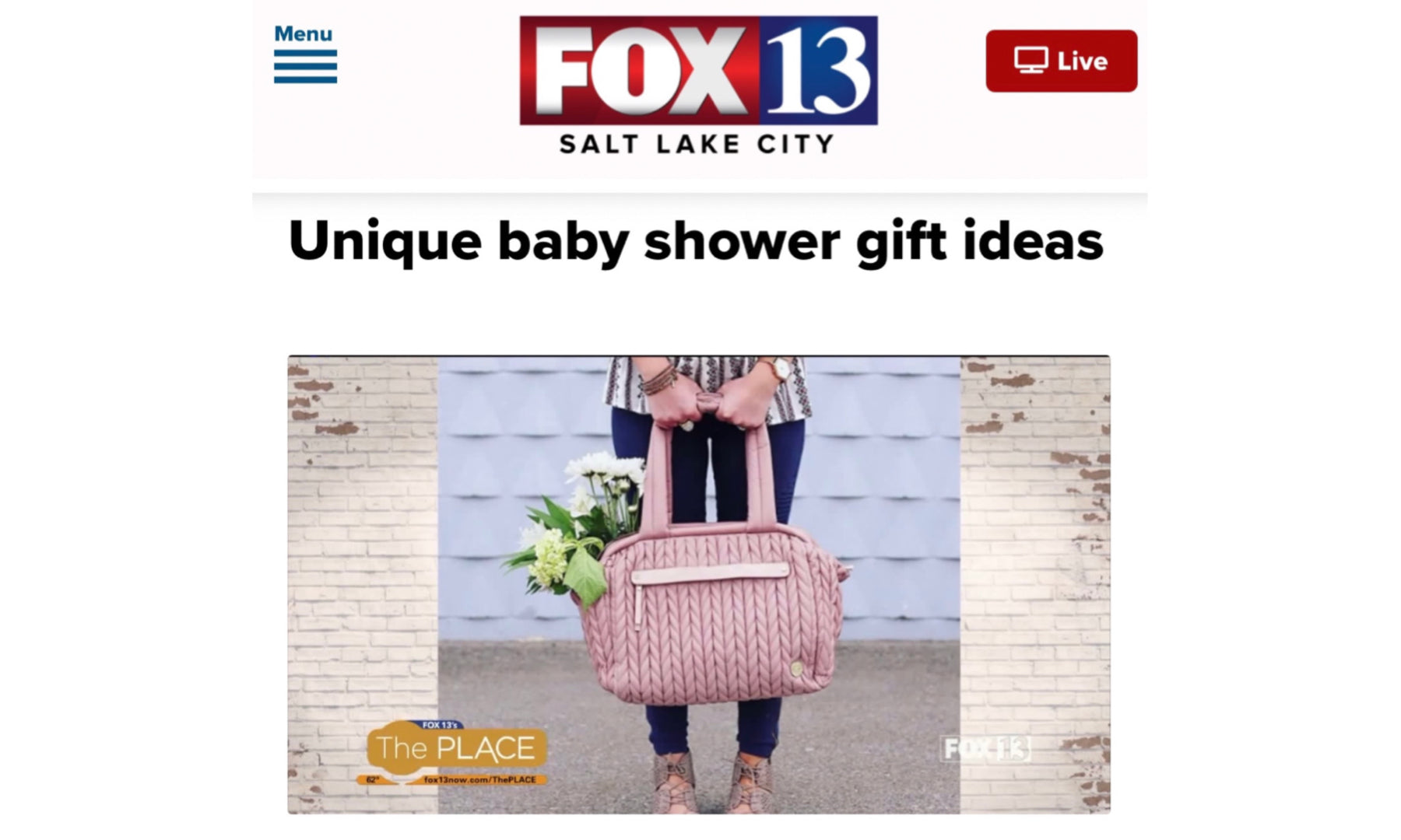 Screenshot of Fox 13 SLC TV story on Unique Baby Shower Gift Ideas, featuring Paige Carryall Rose with flowers inside, modeled from waist down by a mom.