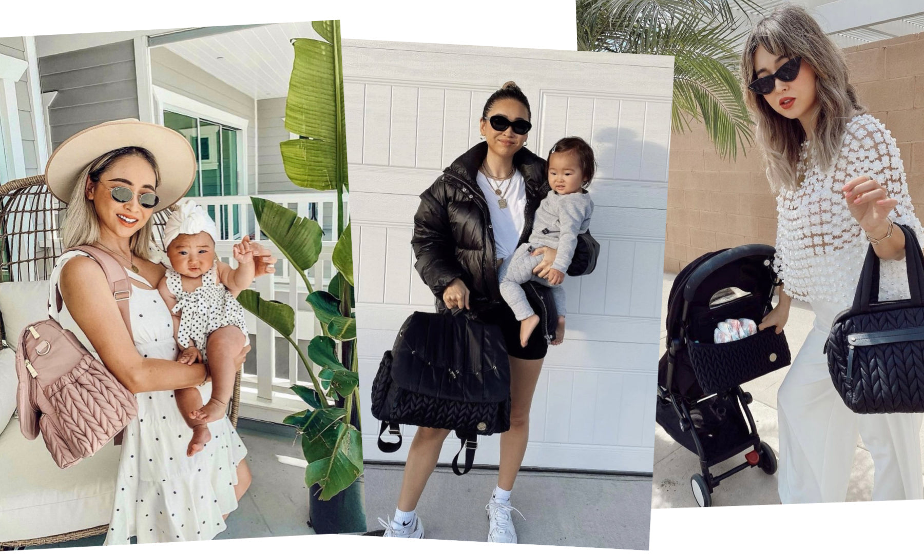 Haruna shows off her HAPP Levy Backpacks in Rose and Black, plus her Paige Mini and Stroller Organizer in Black, over the years as her baby grows.