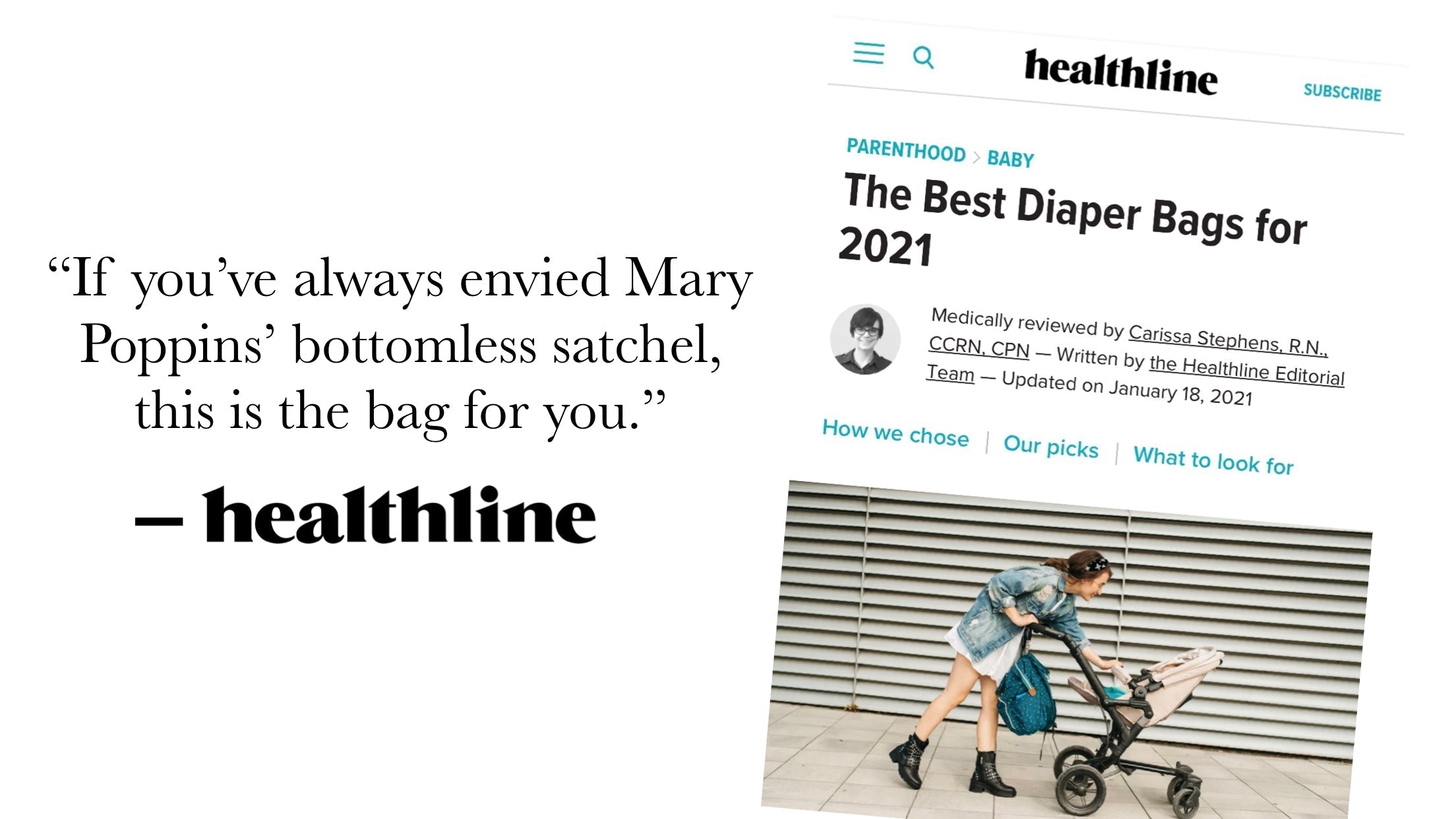 Healthline: The Best Diaper Bags for 2021. Featuring the HAPP Paige Carryall and highlighting its "Mary Poppins" style opening.