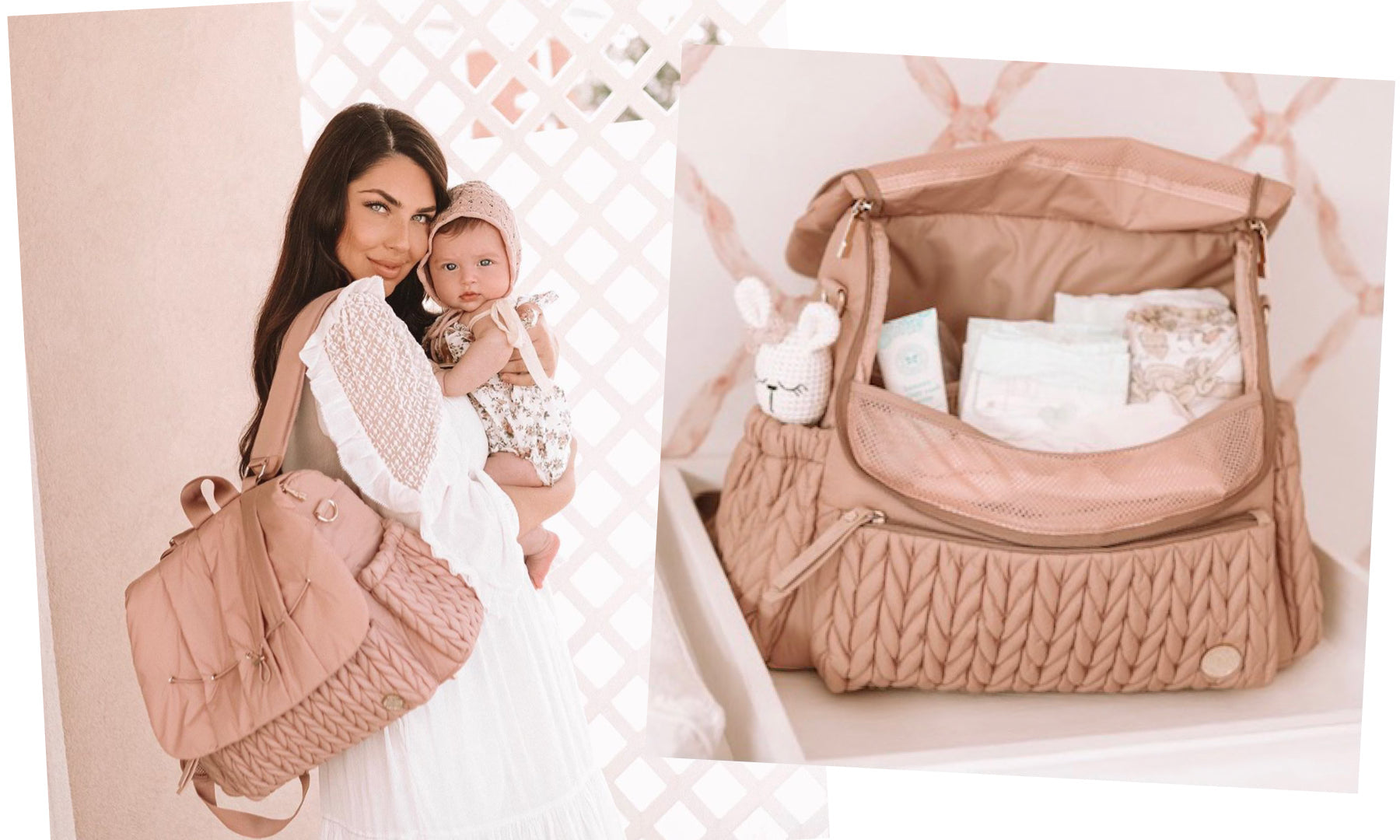 Jacqueline wears her HAPP Levy Backpack Dusty Rose while holding her baby, and shows the bag open packed with matching pink baby items.
