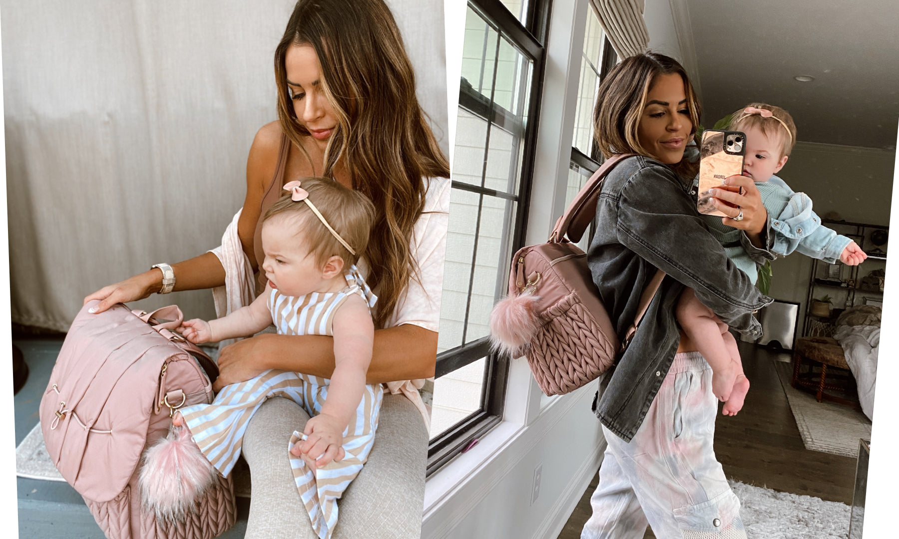 Jordan models her HAPP Levy Backpack Dusty Rose at home with her daughter.