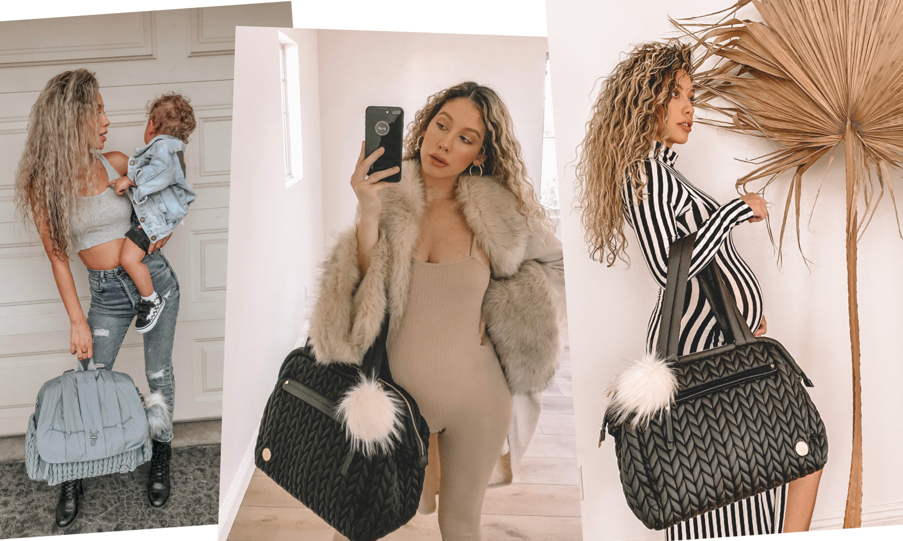 Keana models her HAPP Levy Backpack Ash Blue and Paige Carryall Black with different matching looks.