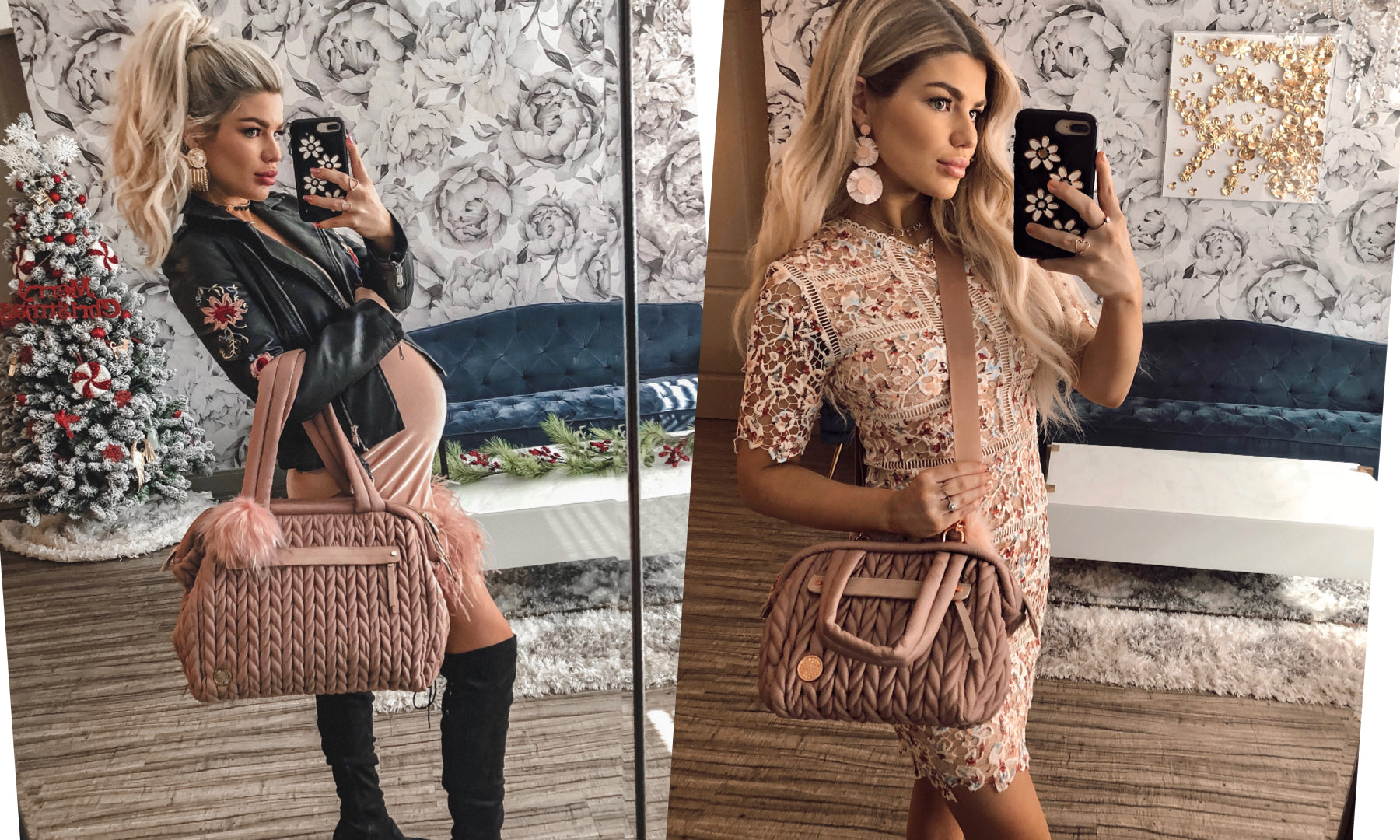 Kendall snaps mirror selfies modeling her HAPP Paige Carryall and her Paige Mini, both in Dusty Rose.