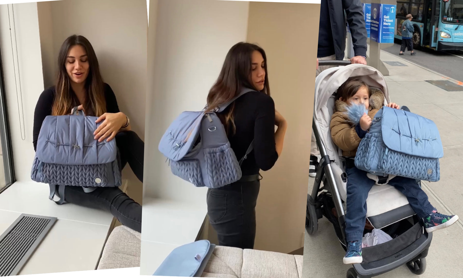 Lili wears her HAPP Levy Backpack in Ash Blue on a day out and about with her son.