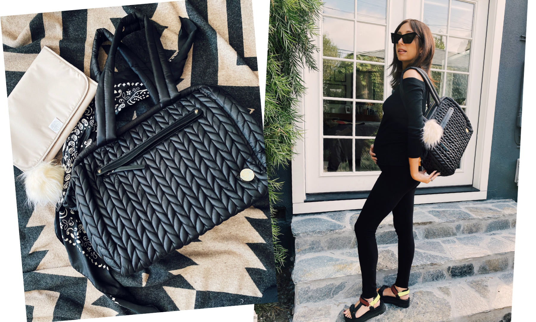 Lindsay shows off her HAPP Paige Carryall in Black with Ivory Faux Fur Bag Charm.