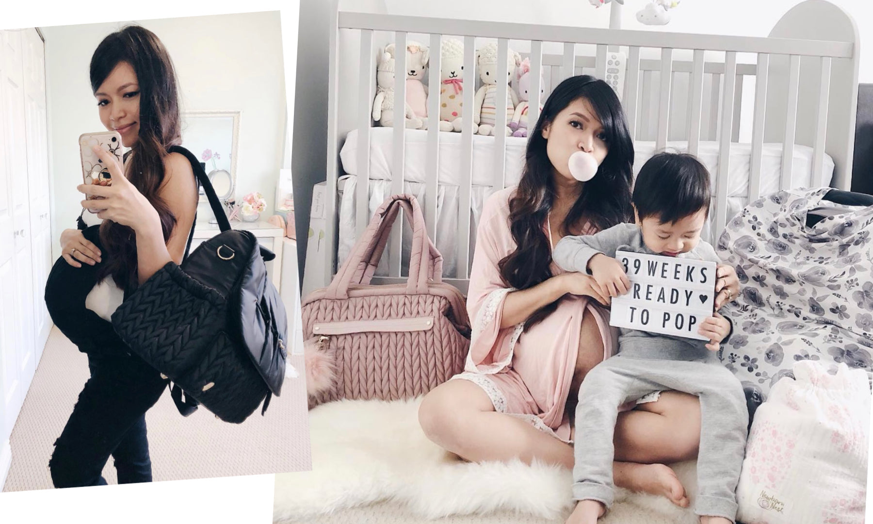 Pregnant Neebebe in a mirror selfie wearing all black with her HAPP Levy Backpack Black, and sitting with her son in her nursery with her HAPP Paige Carryall Rose.