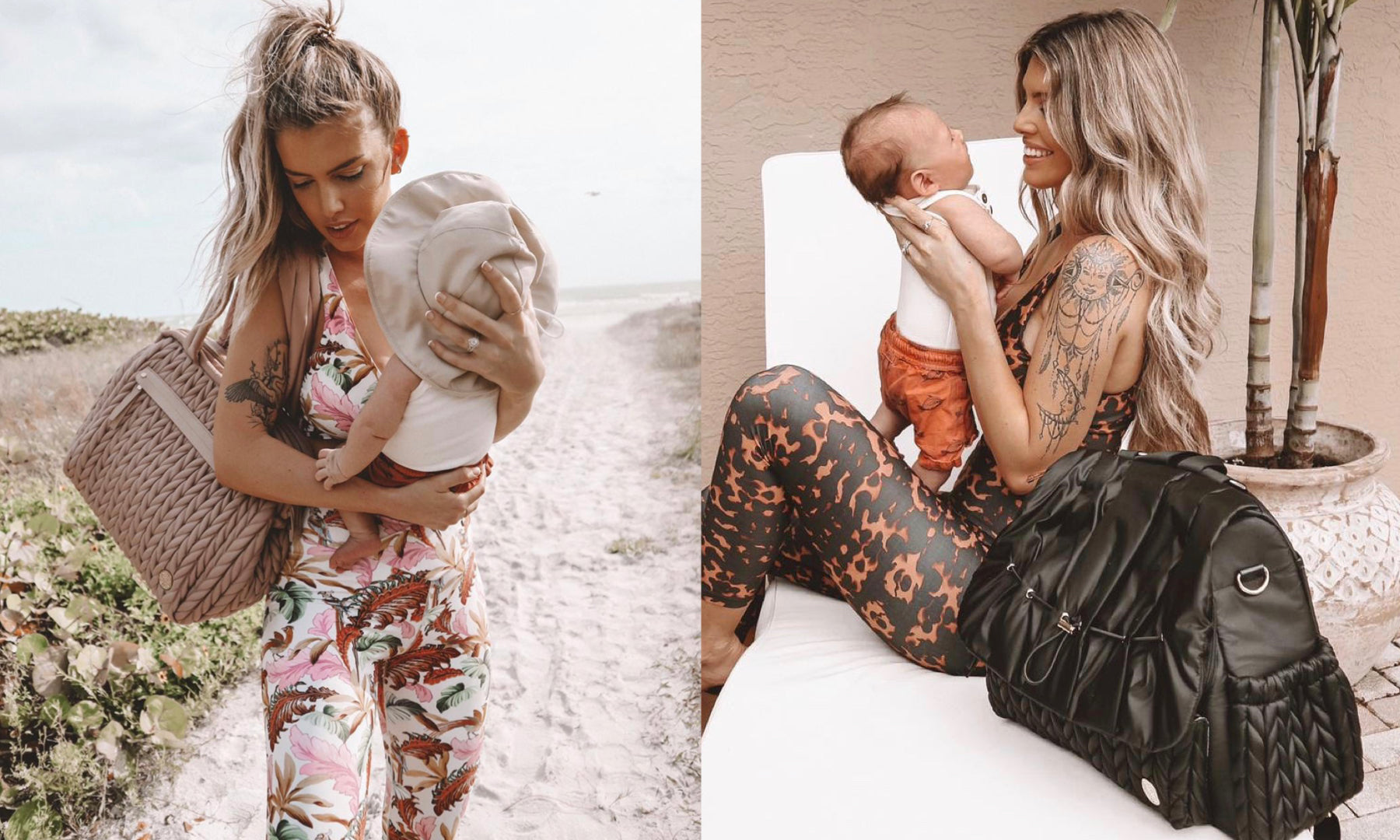 Influencer Kelsey Floyd styles the HAPP Paige Carryall in Rose and Levy Backpack in Black alongside Beach Riot athleisurewear, on a beach trip with her son.