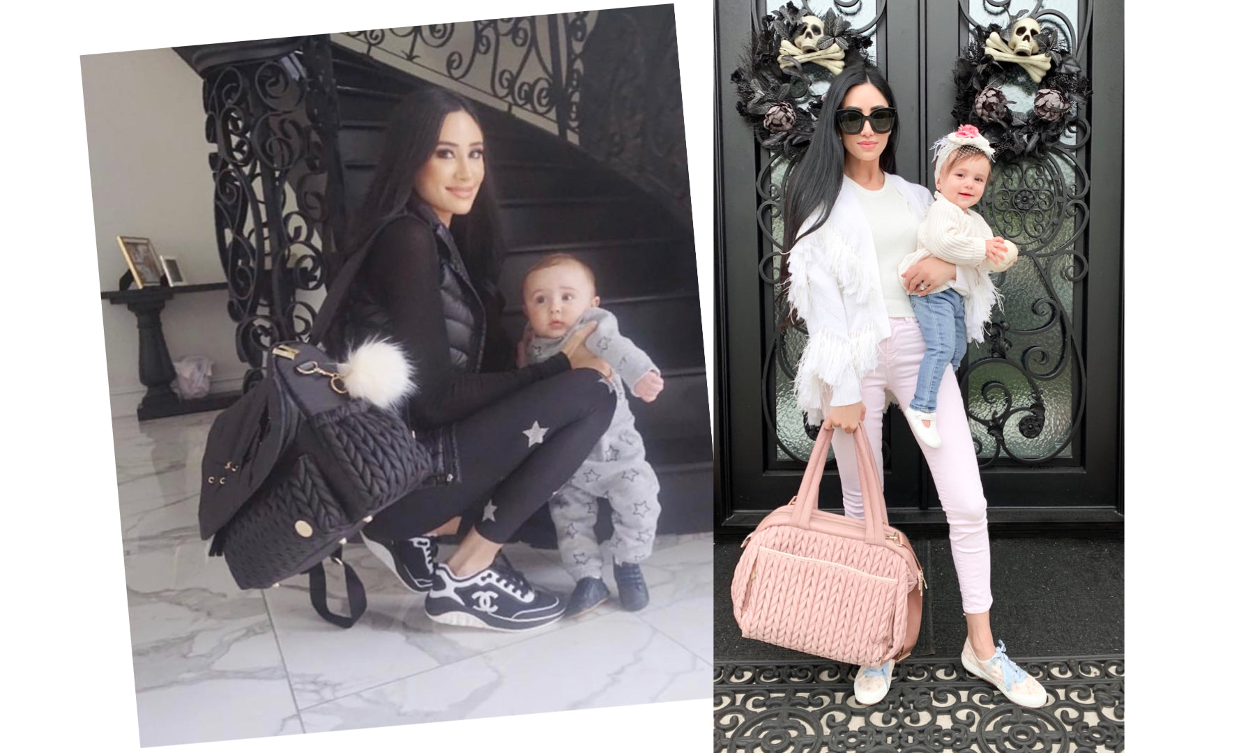 Christina models her HAPP Levy Backpack Black with her son, and her Paige Carryall Dusty Rose with her daughter, at her home.