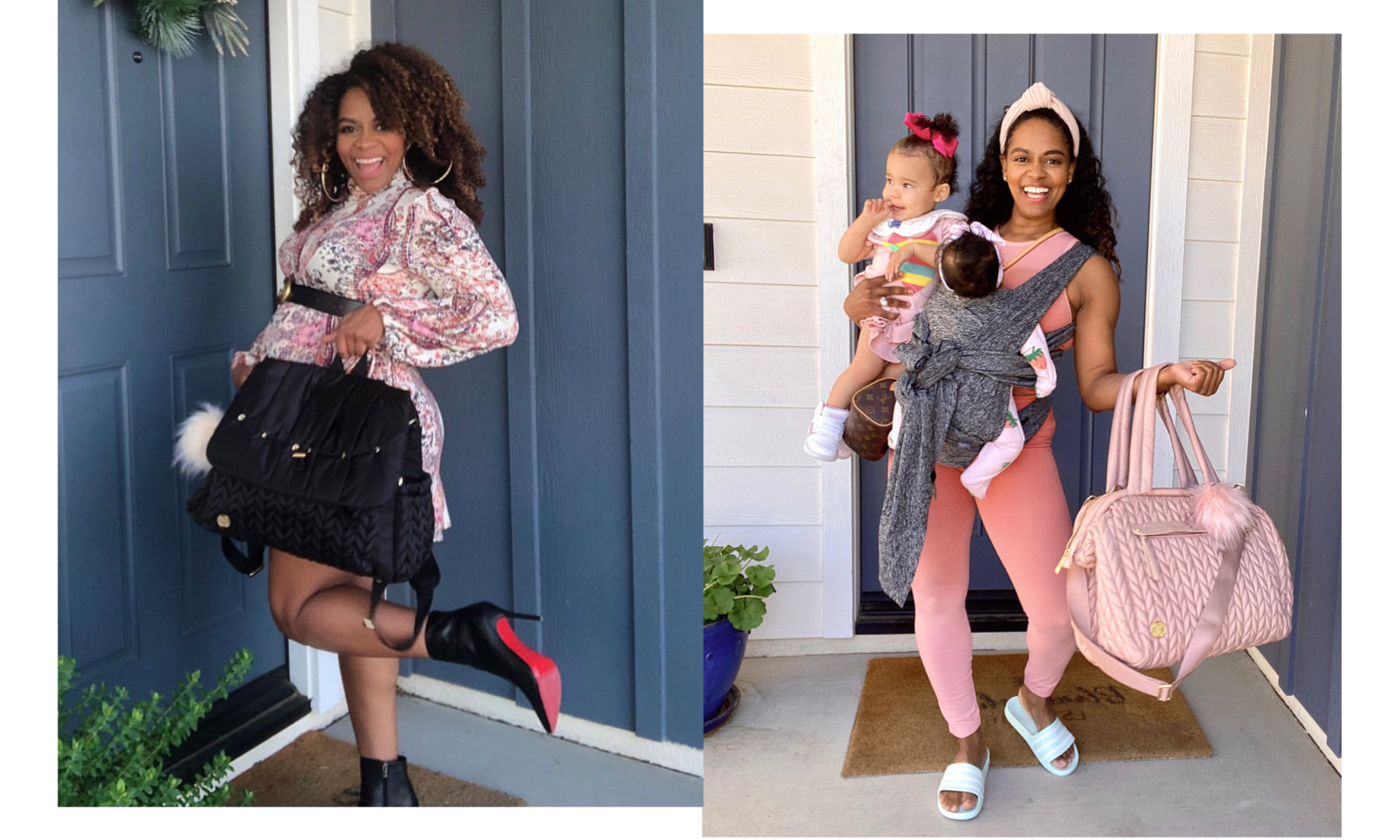 Asha models her HAPP Levy Black in her Louboutins, and her HAPP Paige Rose while baby-wearing and carrying her toddler.