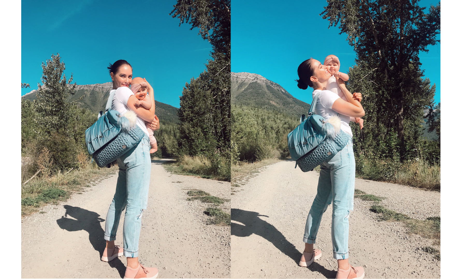 Siera wears her HAPP Levy Backpack Ash Blue on a hike with her daughter