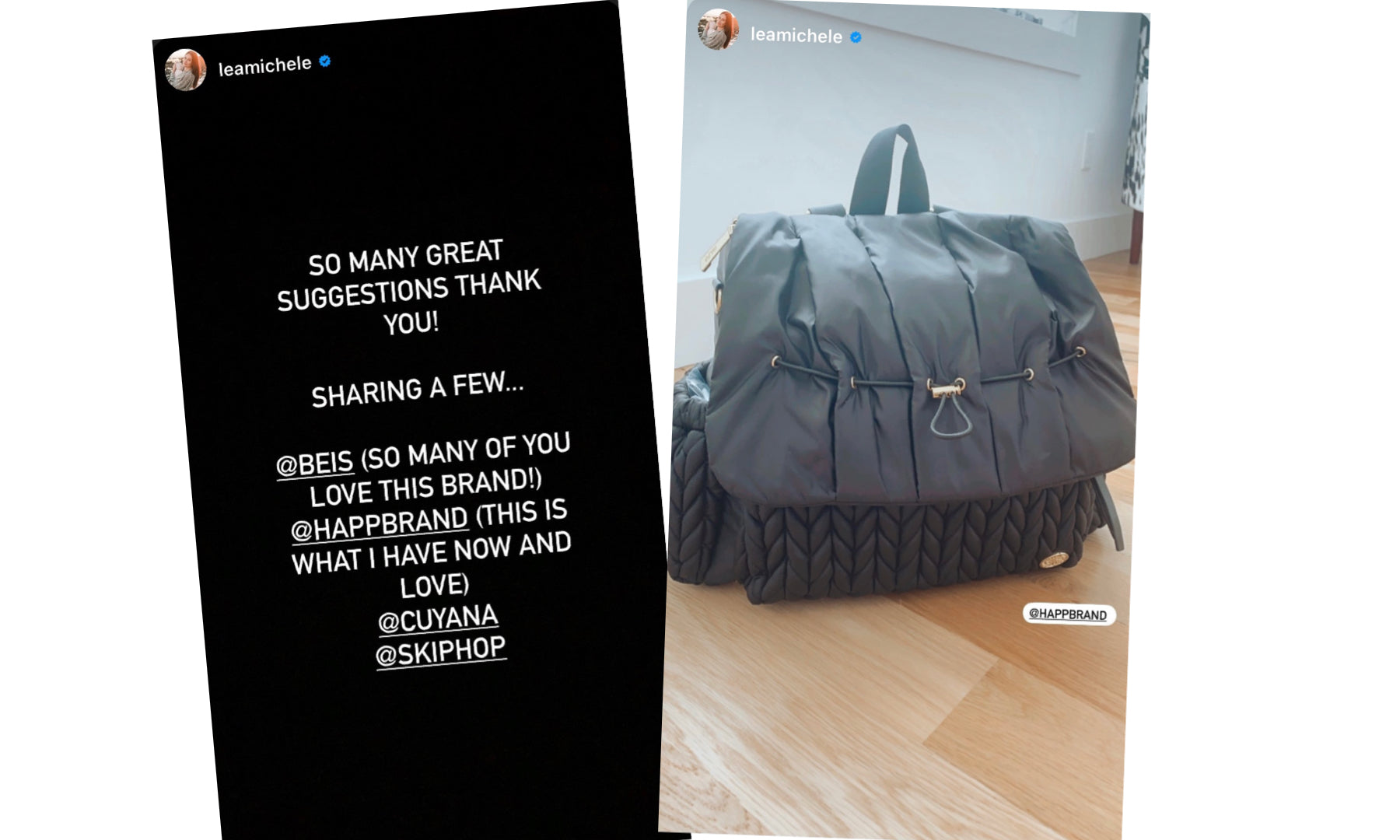Screenshot from Lea Michele's IG stories, sharing her Levy Backpack in Black, which she writes that she loves.