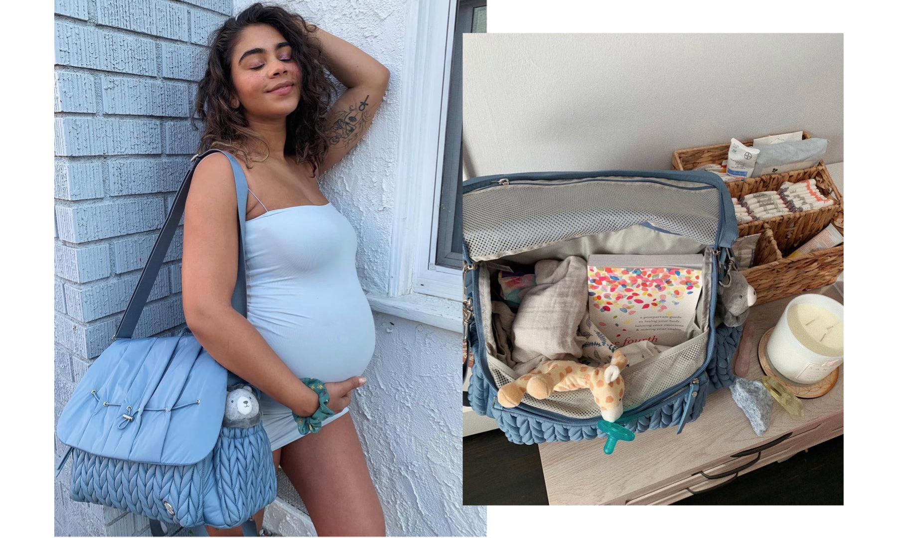 Taylor models her HAPP Levy Ash Blue while pregnant with her baby, showing how she has it packed for the hospital.