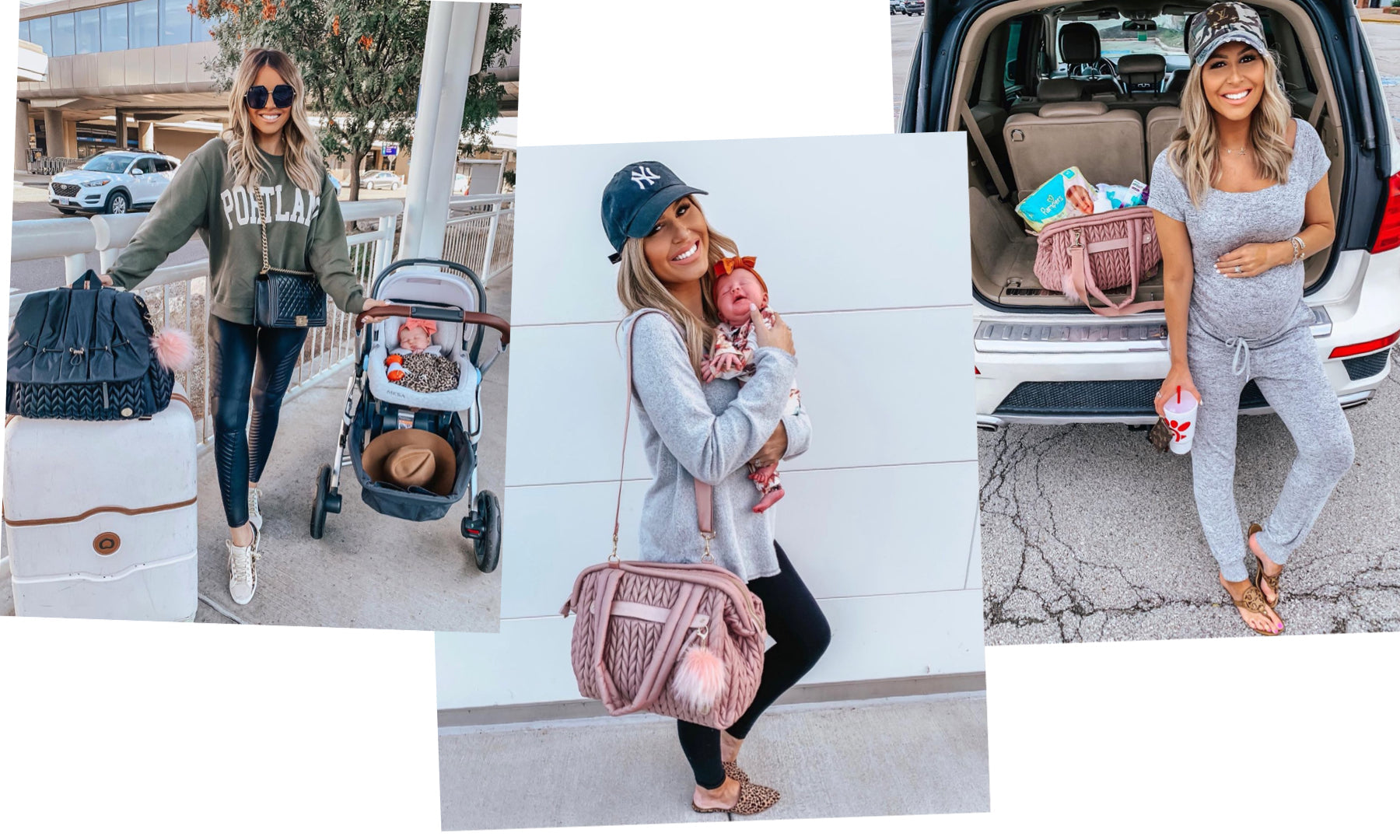 Mom influencer Hollie Woodward shows how she uses her HAPP Levy Black and Paige Carryall Rose when out and about as a mom - walks with baby, day trips, and brunch