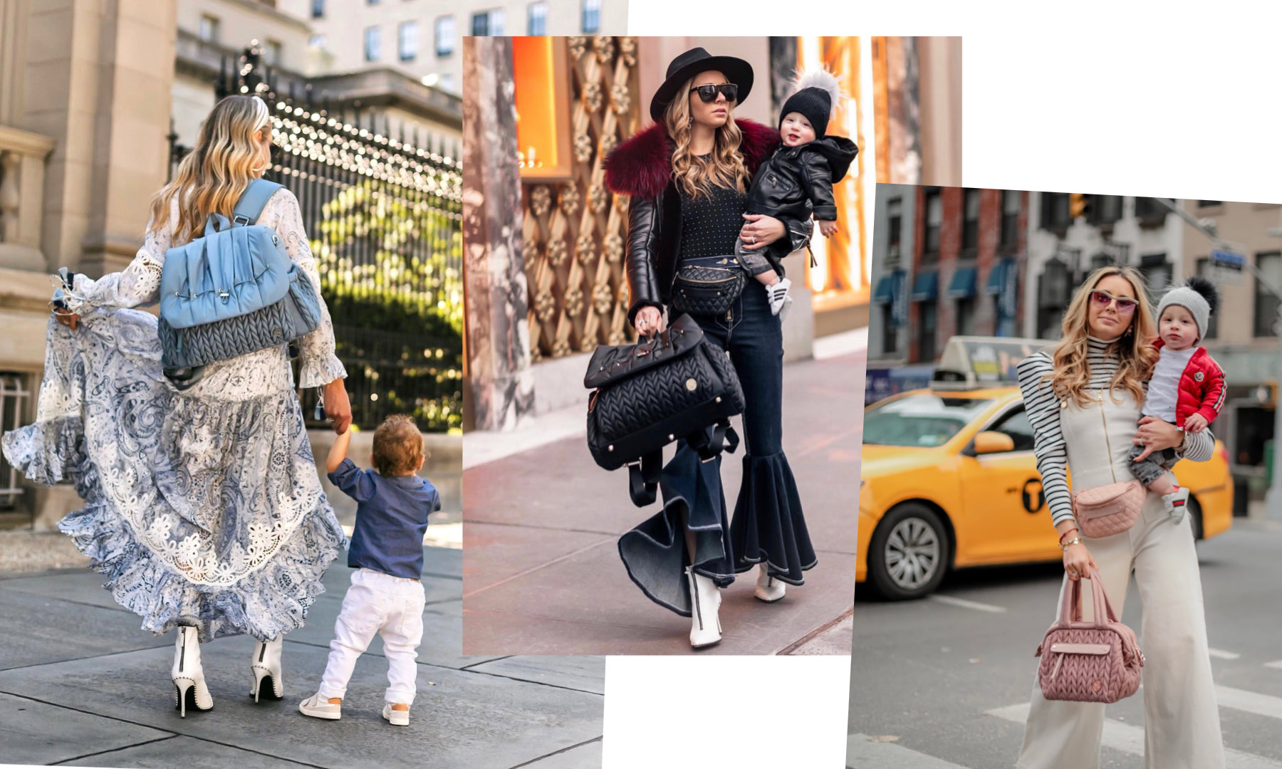 Influencer Marni Danielle modeling HAPP's Levy Blue, Levy Black, and Mini Rose wearing matching outfits for each, in NYC with her son