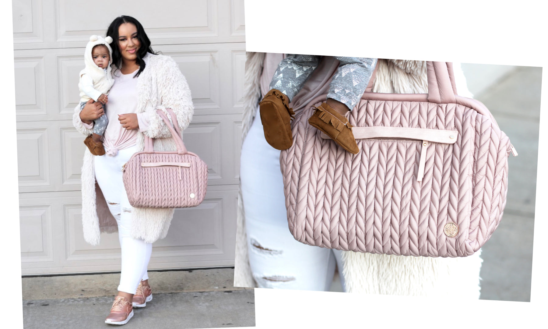 Rochelle models her HAPP Paige Carryall Dusty Rose with her baby.