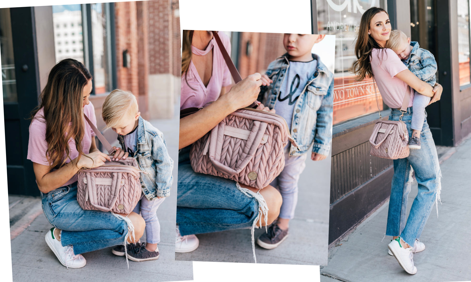 3 photos of Sara out and about using her HAPP Paige Mini Dusty Rose with her toddler son, wearing a pink tee, blue jeans, and white sneakers.