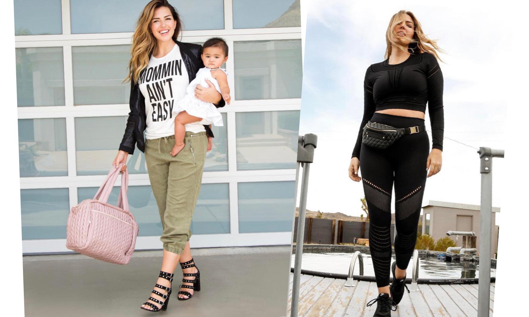 Katie carries her daughter and her HAPP Paige Carryall Dusty Rose, and walks in black athleisure wearing her retired HAPP Fefe Fanny pack in Black.
