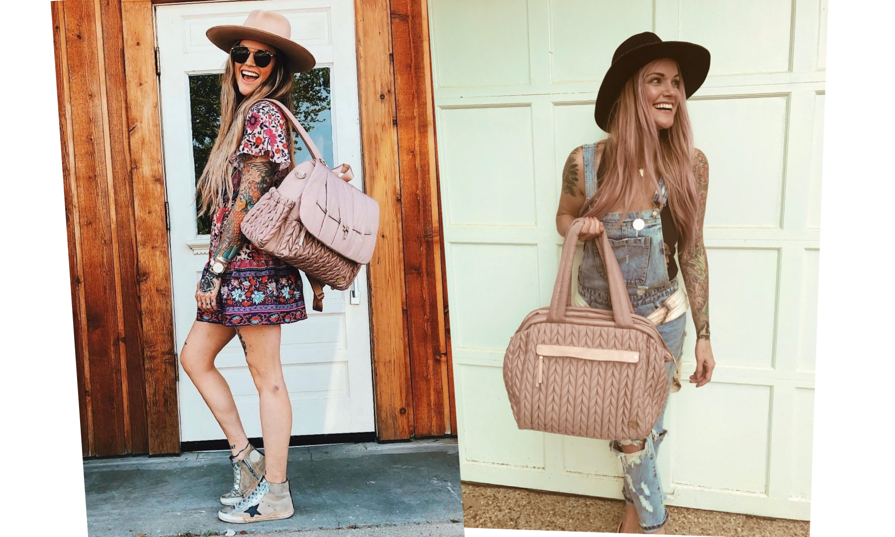 Chanity models her HAPP Levy Backpack and Paige Carryall, both in Dusty Rose.