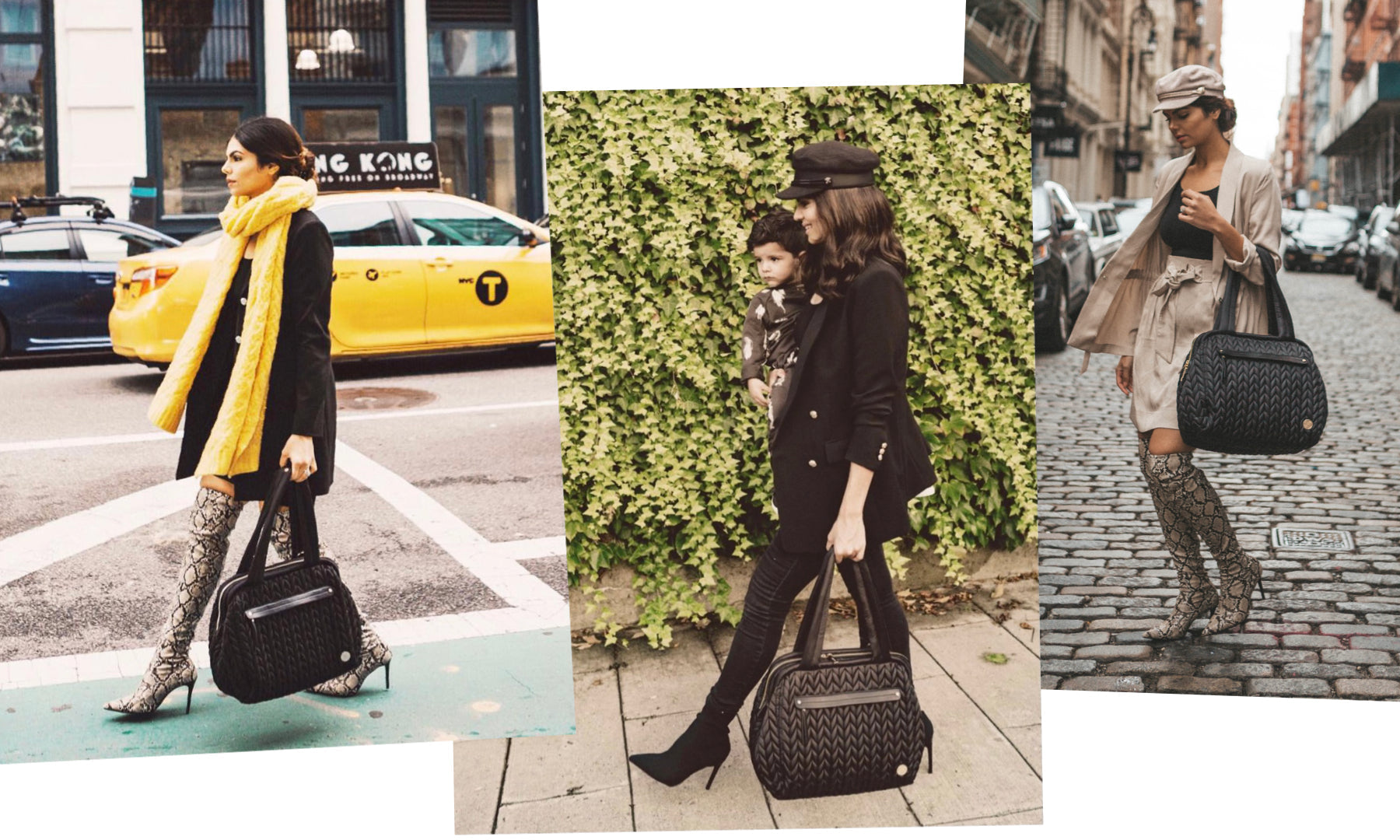 Zaynab models her HAPP Paige Carryall in Black around NYC with 3 different looks: black coat, tall snakeskin boots, yellow scarf; all black head to toe with her baby; beige skirt set with tall snakeskin boots.