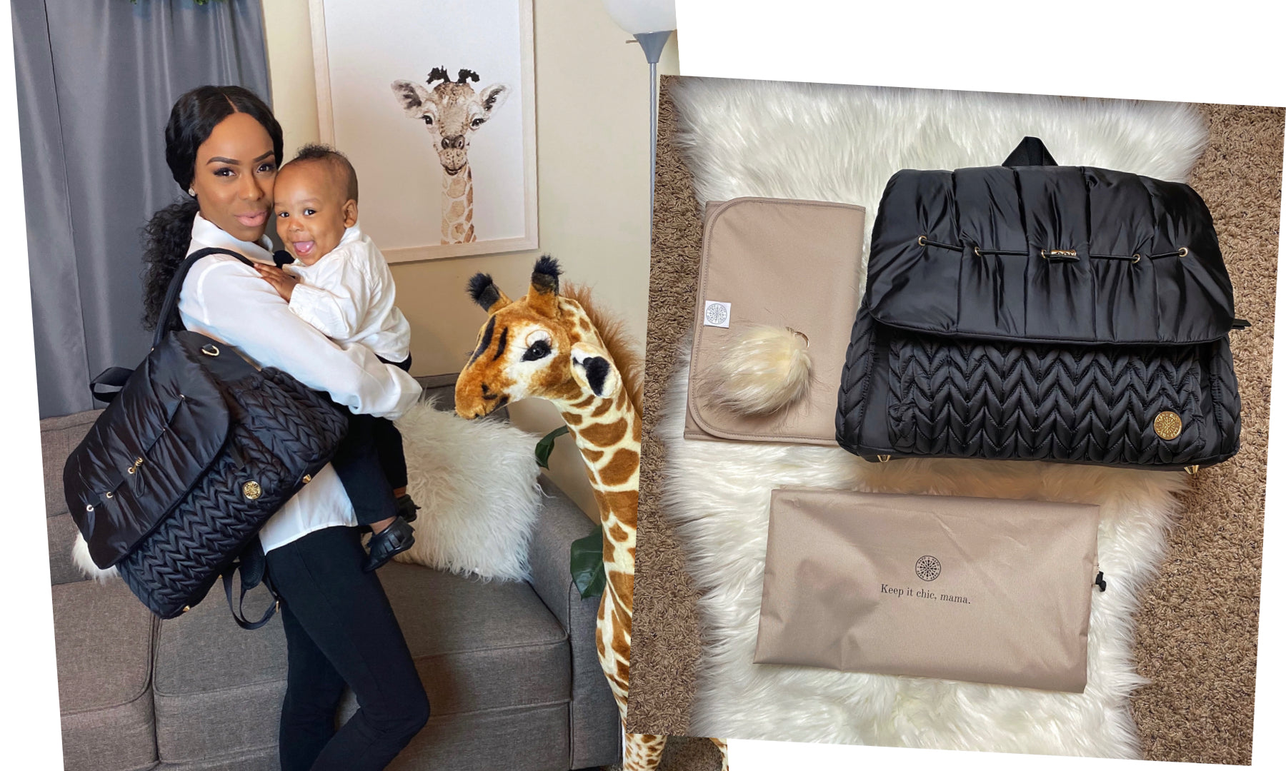 Latisha models her HAPP Levy Backpack Black in her nursery holding her son, and shows her matching HAPP changing pad and pouf charm.