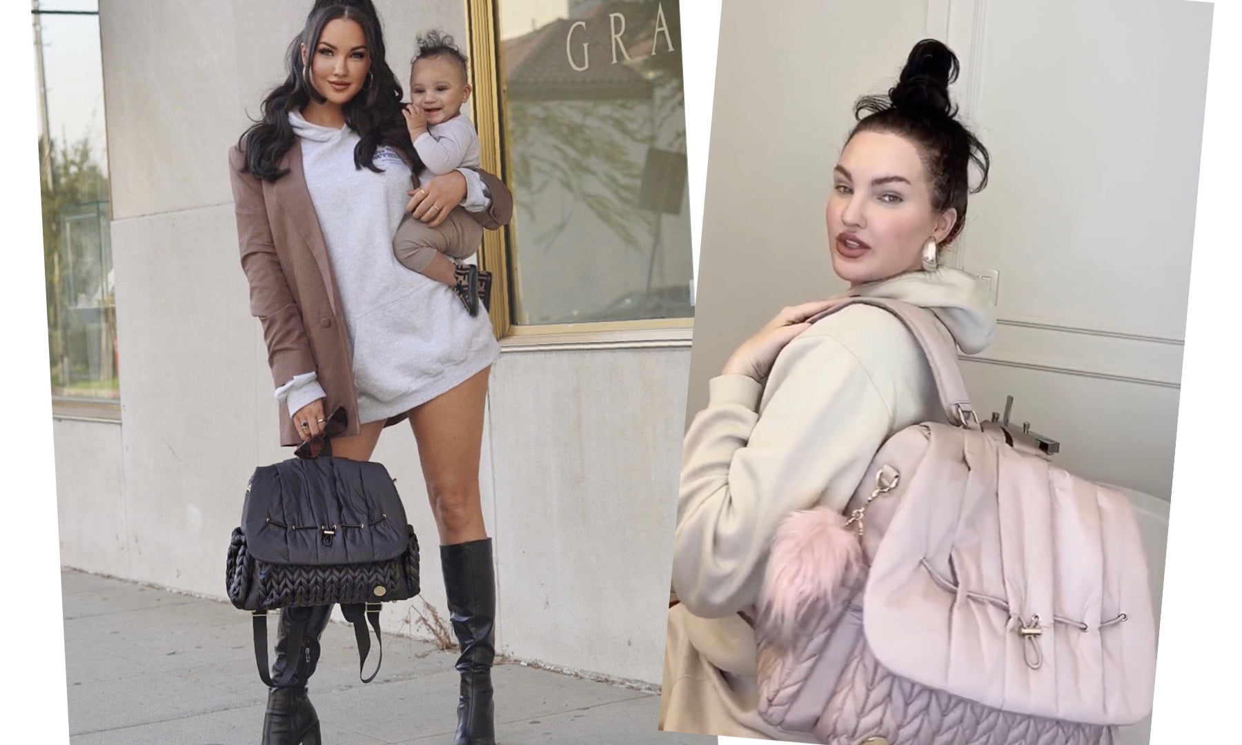 Mom influencer Natalie Halcro, modeling Levy Black with her baby boy, and Levy Rose over the shoulder.