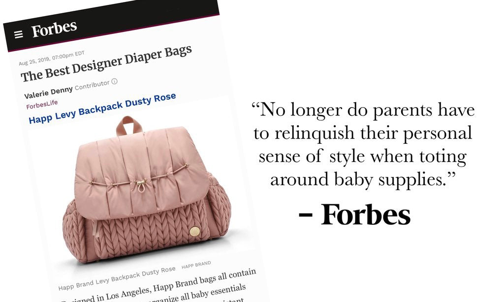 Forbes Best Designer Diaper Bags feature, with front shot of Levy Backpack in Dusty Rose.