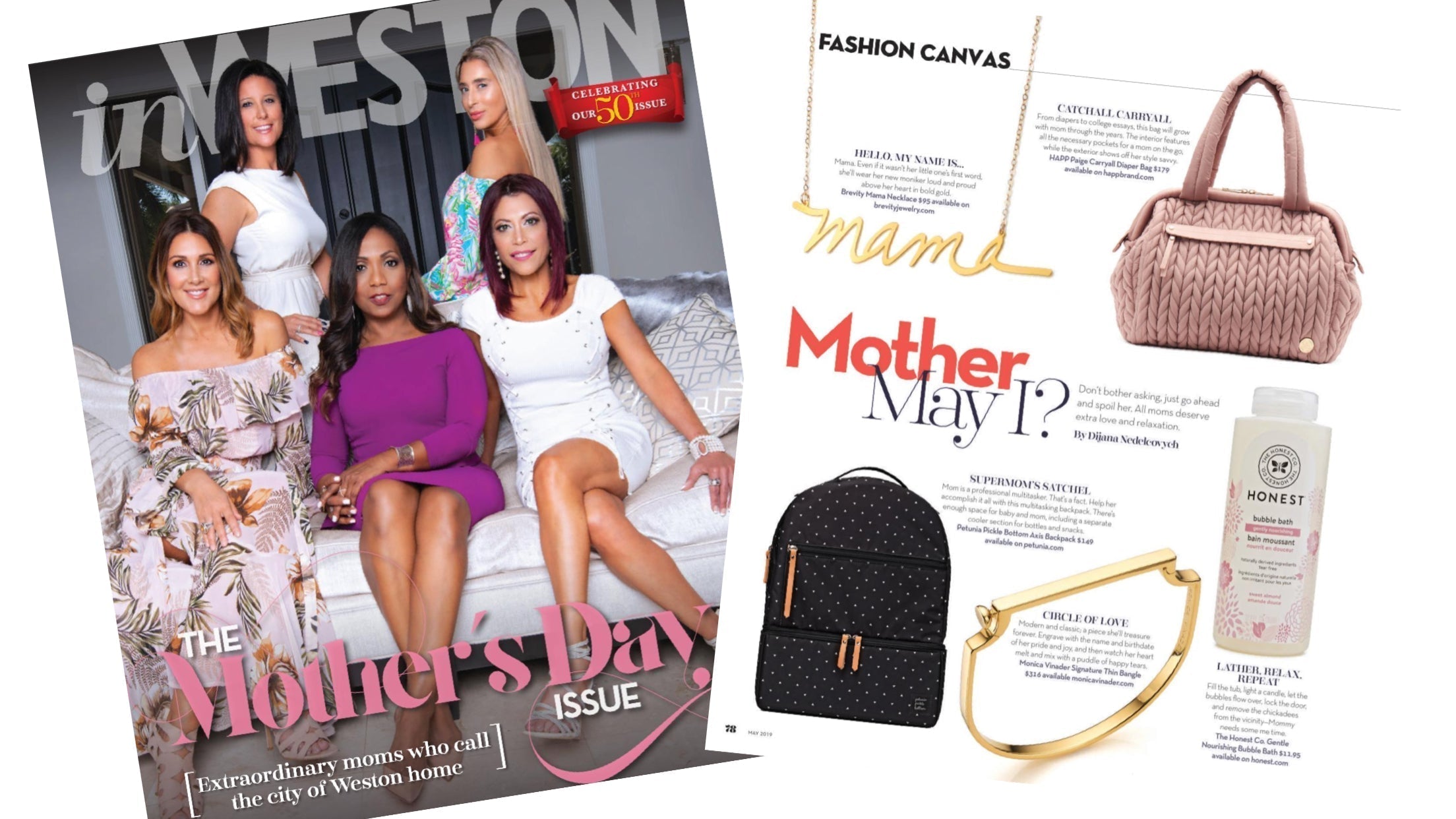 Cover of inWeston Magazine Mother's Day Issue, and inside page from Mother's Day gift guide featuring HAPP Paige Carryall Dusty Rose.