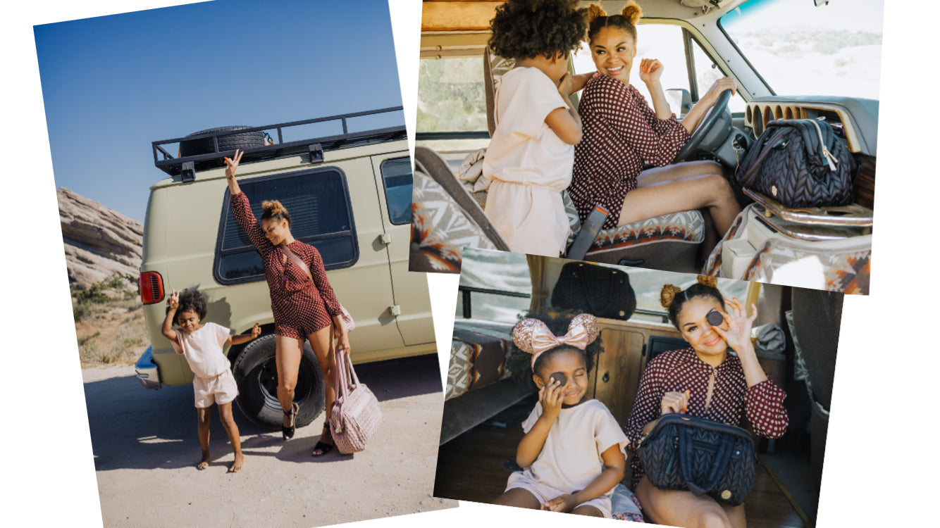 Shots from Destiney's road trip; with her daughter and HAPP Paige Carryall Rose by the van, and sitting inside the van with her daughter and her HAPP Paige Mini Black.
