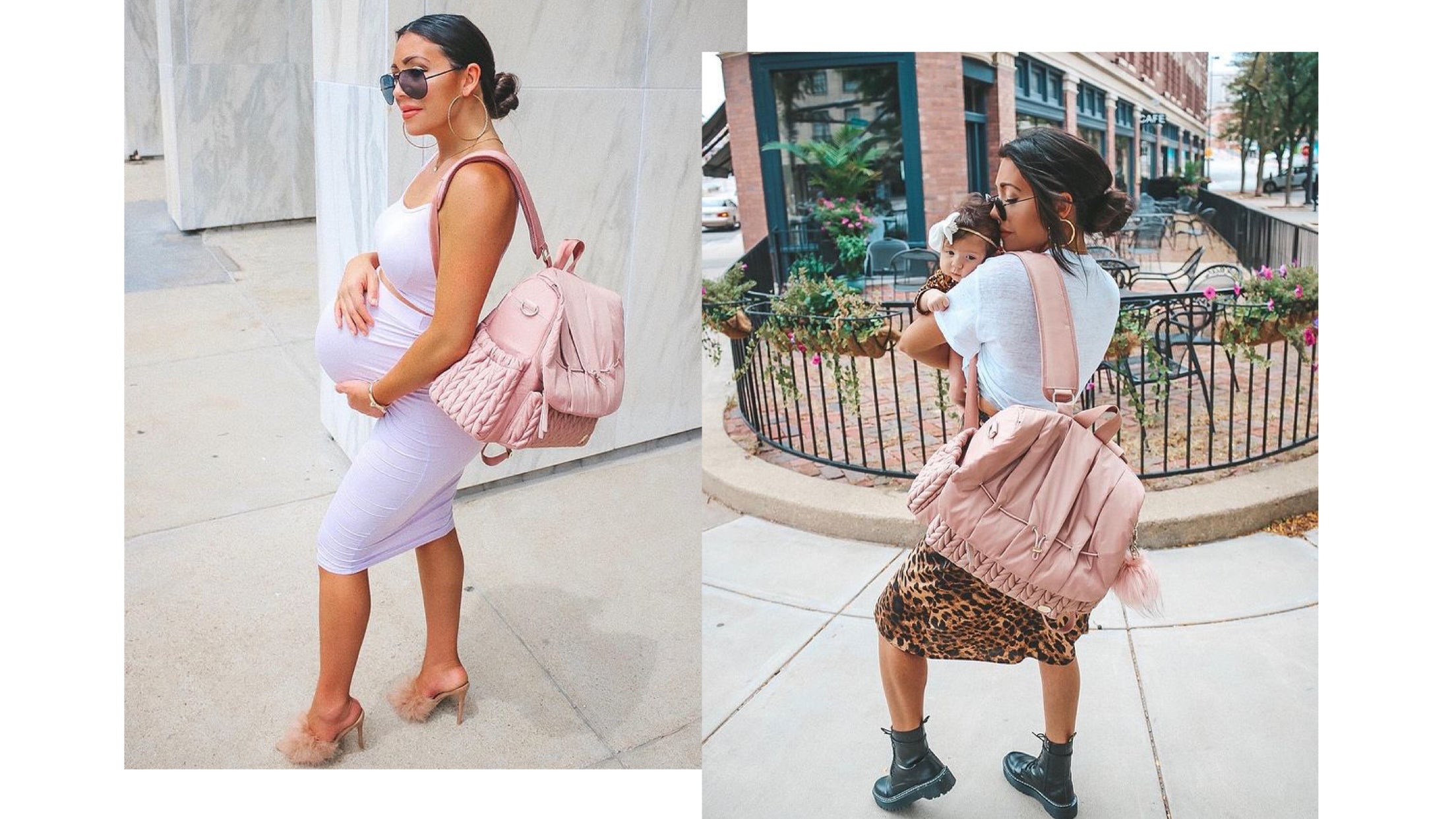 Nicky models her HAPP Levy Backpack Dusty Rose while pregnant, and then with her baby daughter.