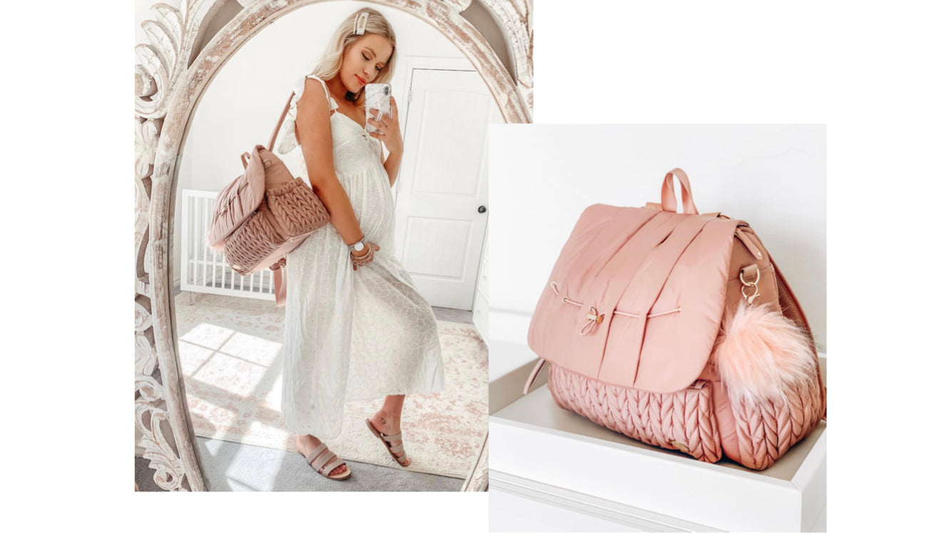 Kelsey in a mirror selfie modeling her HAPP Levy Rose while pregnant, plus a 3/4 shot of the bag with pouf charm in her nursery.