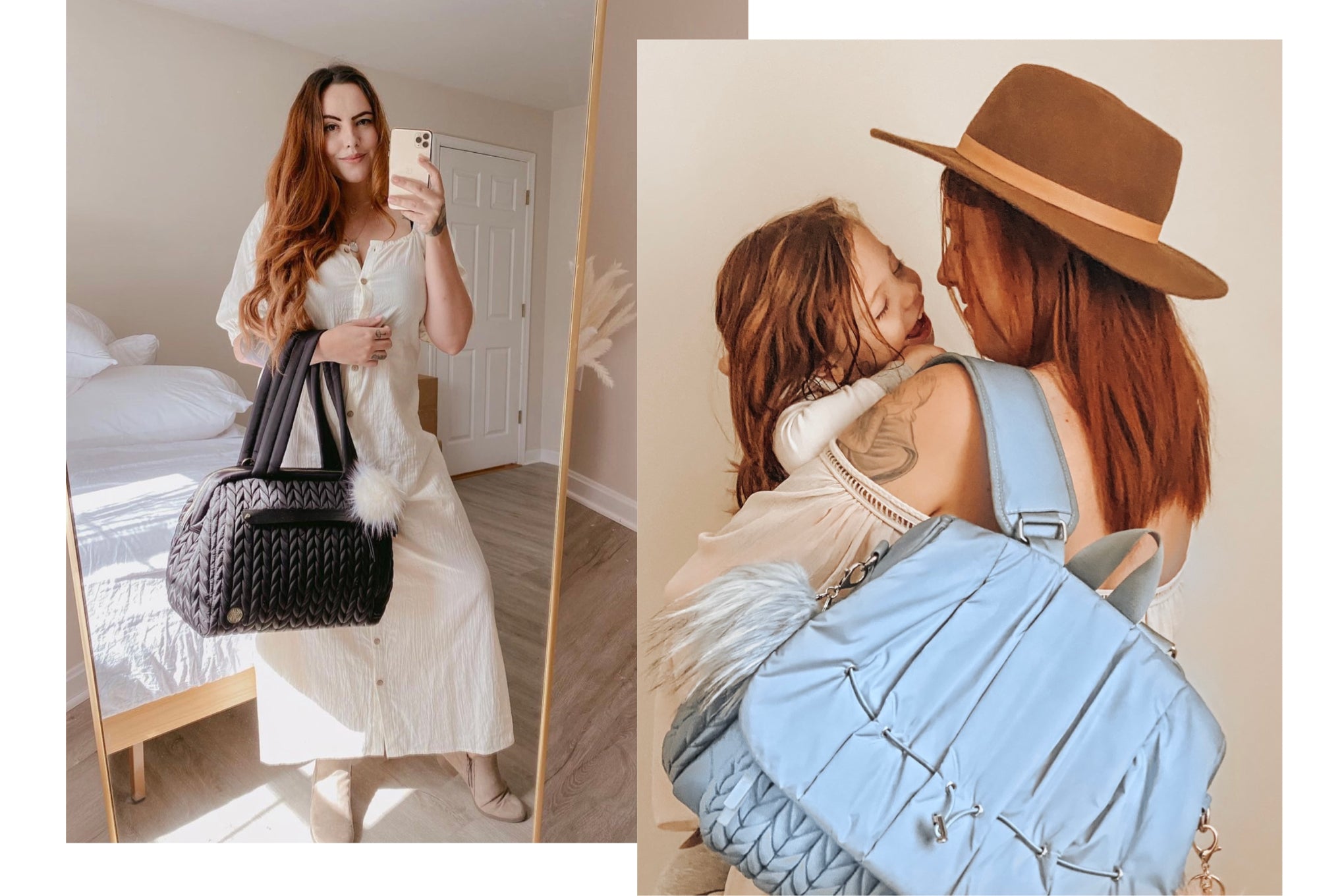 Maya takes a mirror selfie with her HAPP Paige Carryall Black, and is photographed with her toddler modeling her HAPP Levy Backpack Ash Blue.