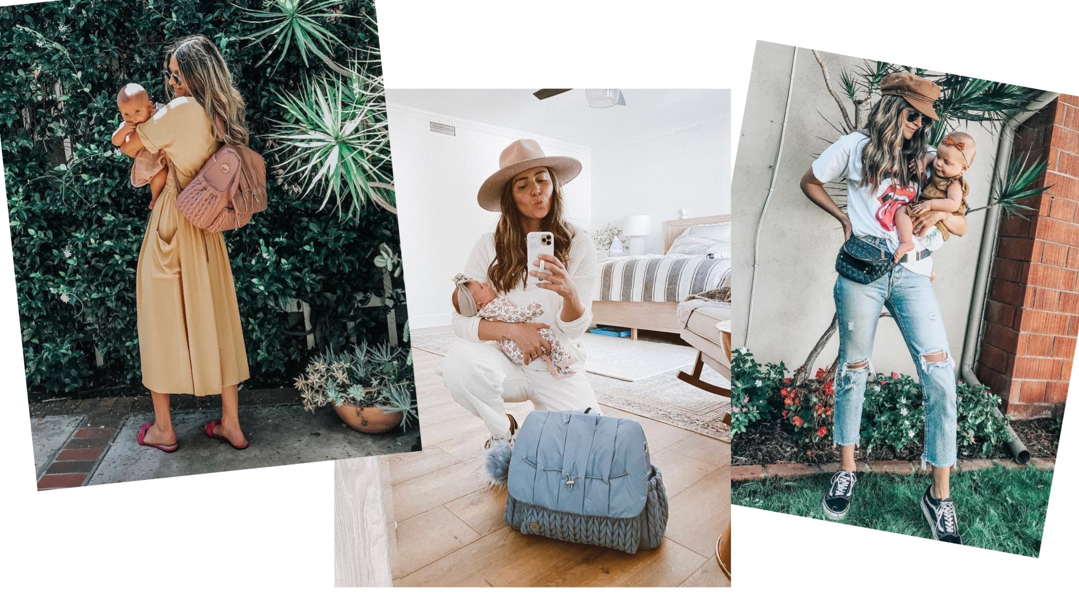 Chelsea models her HAPP collection with he baby girl: Levy Backpack in Rose and Blue, and the retired Fefe Fanny Pack in Black.