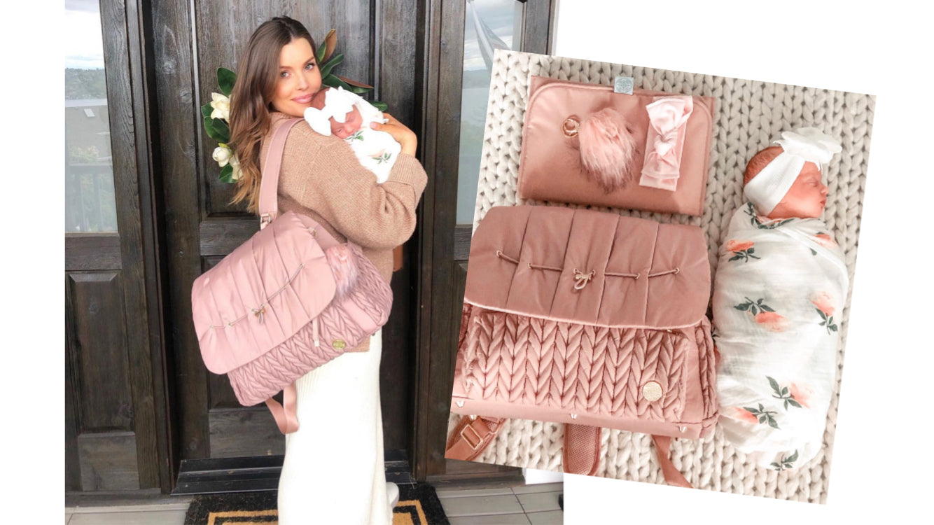 Tara wears her Levy Backpack in Dusty Rose, plus a photo of the bag and accessories next to her baby girl.
