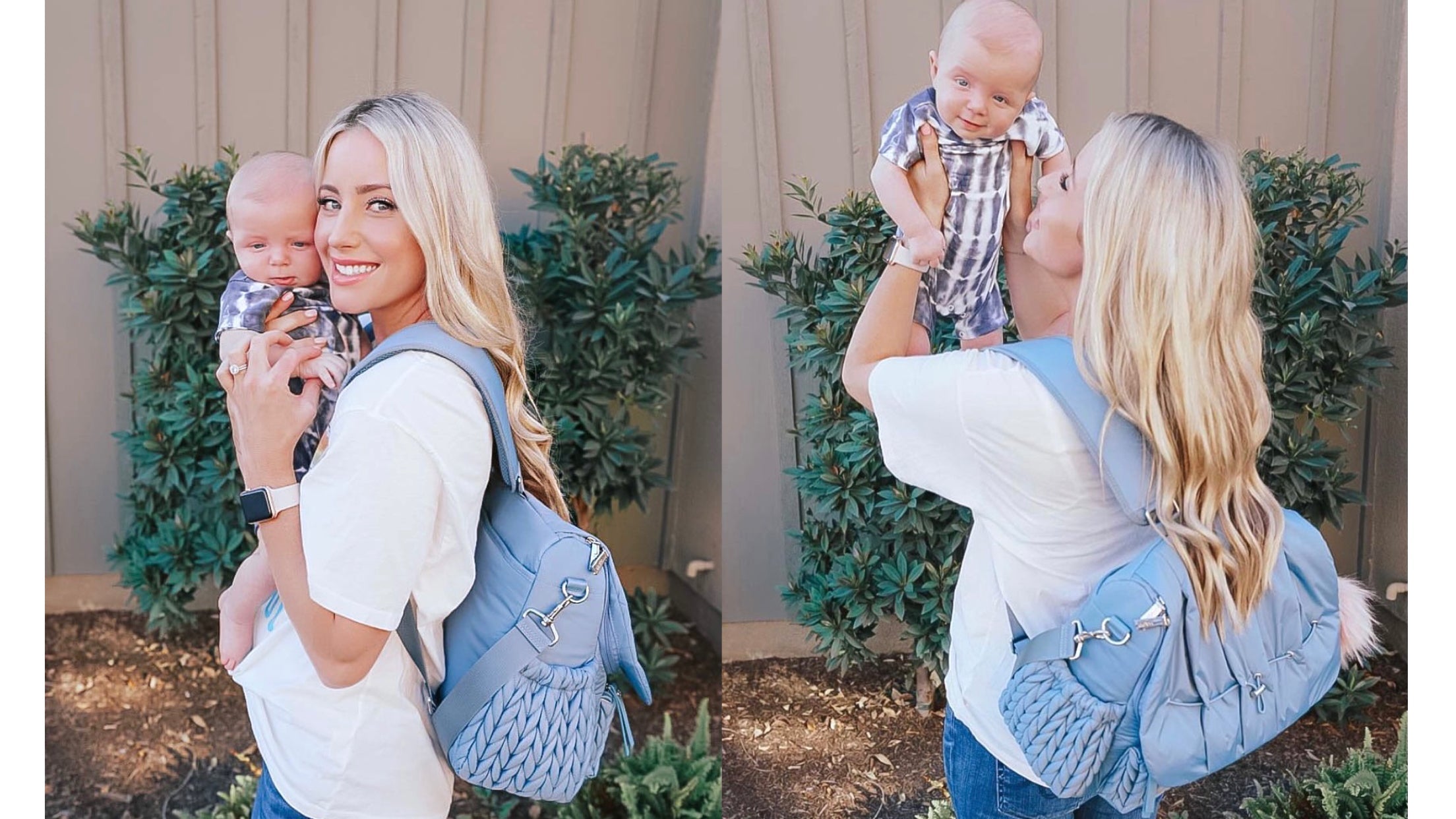 Katelyn in 2 photos with her HAPP Levy Backpack Ash Blue, with her infant son, wearing simple jeans and a white tee.