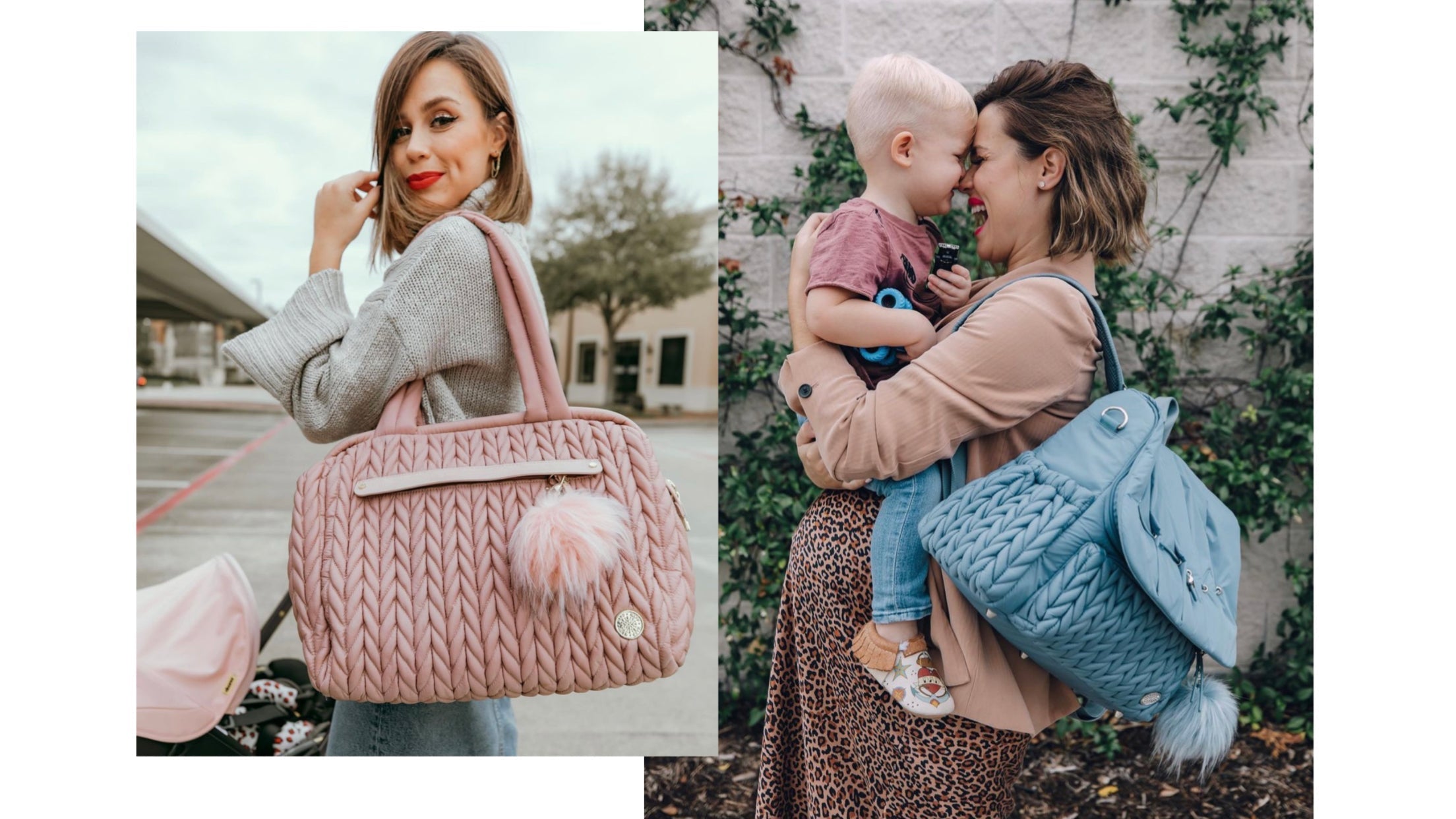 Elly models her HAPP Paige Carryall Dusty Rose and Levy Backpack Ash Blue, on the go with her son and pregnant with her daughter.