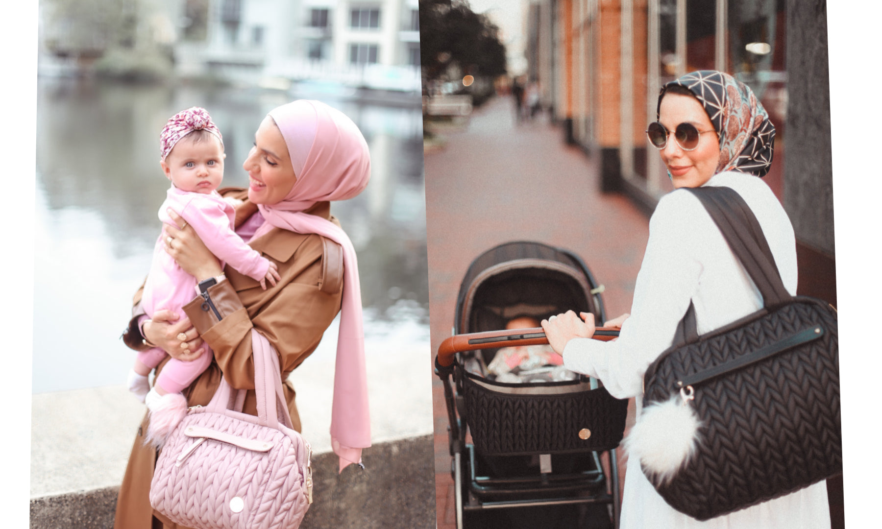 Samah styles her HAPP Paige Mini in Rose and Paige Carryall in Black along with her Stroller Organizer in Black while out and about for the day with her baby girl.