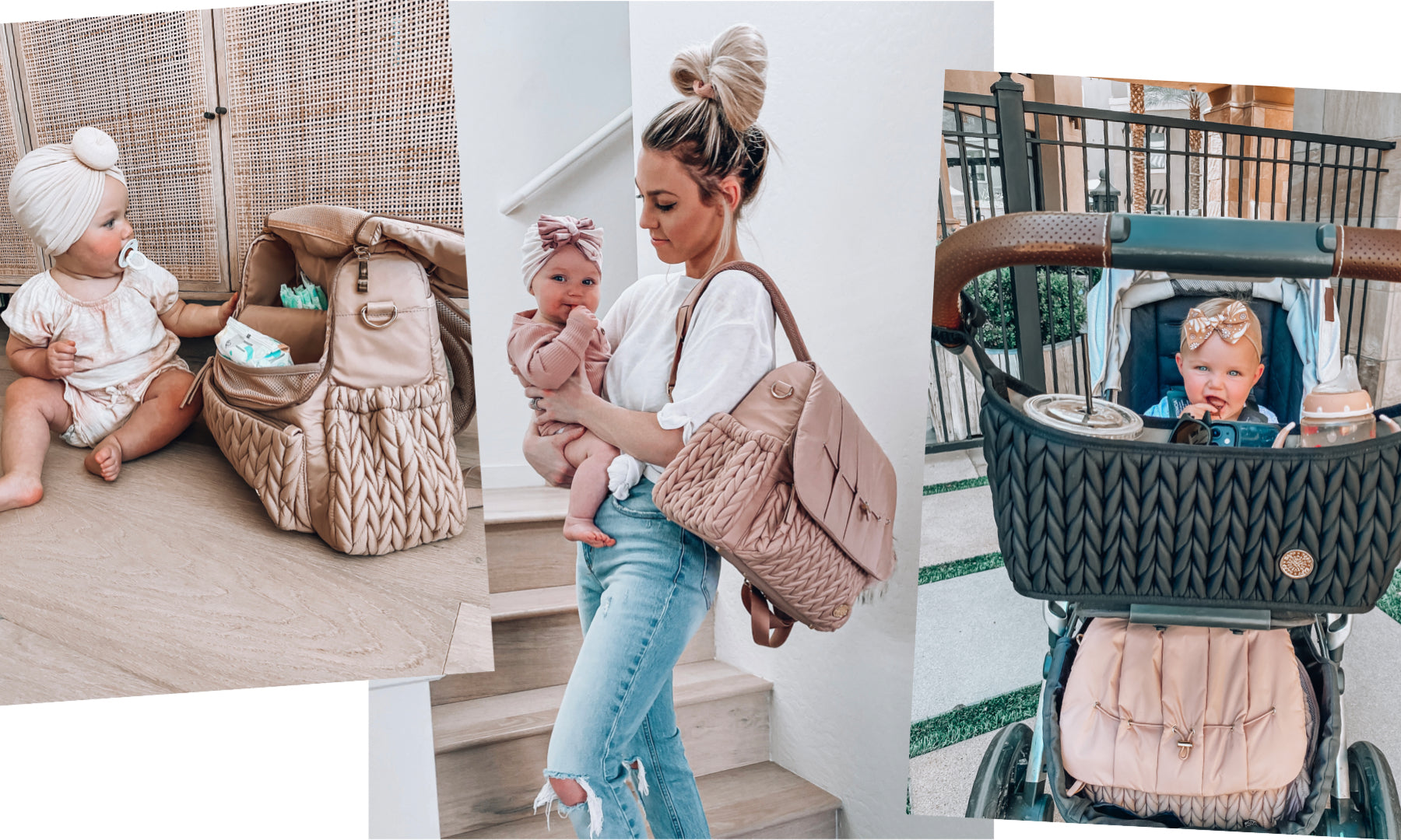 Mom influencer Sara Vickers' modeling HAPP's Levy Rose and Stroller Organizer in Black with her baby girl
