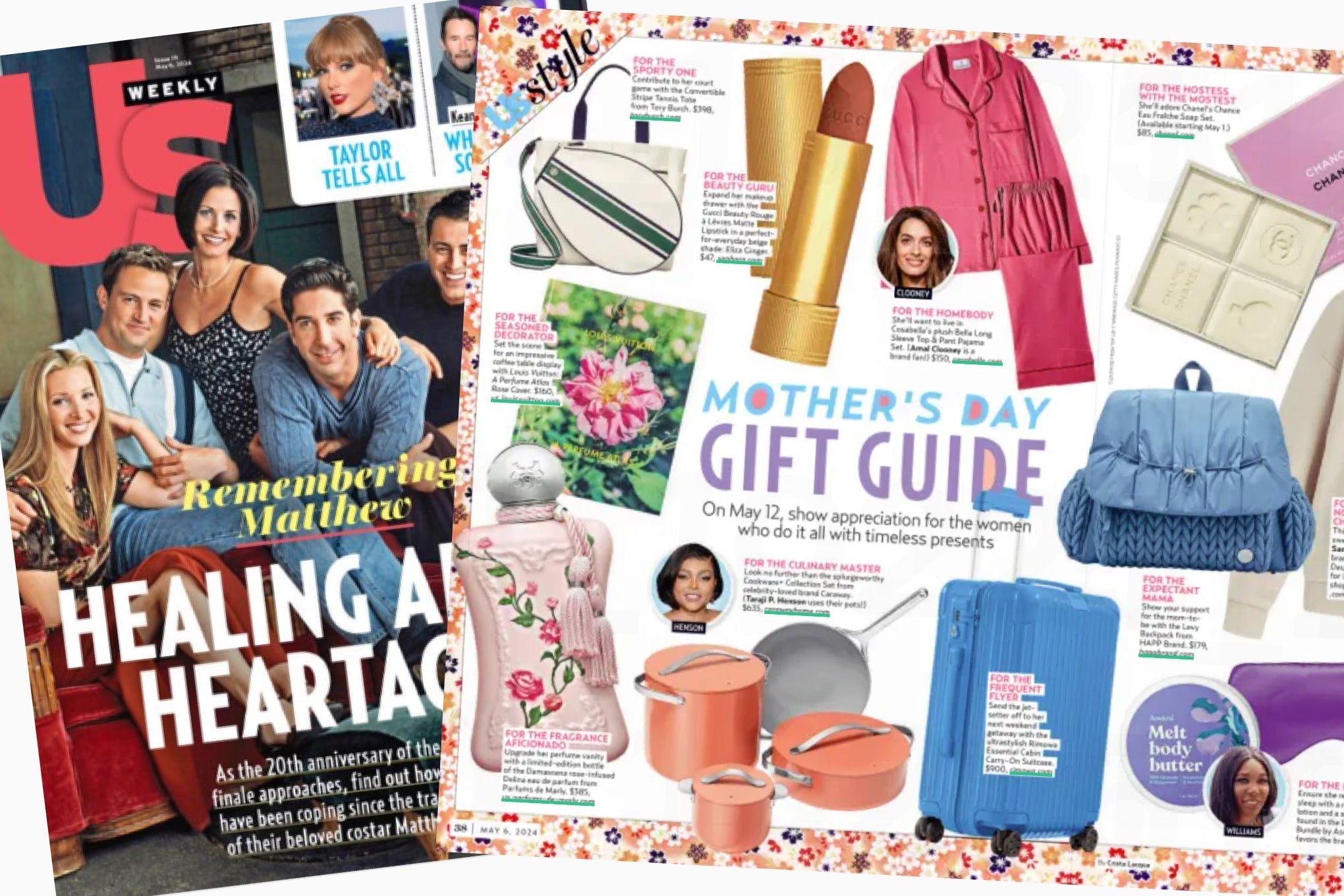 Us Weekly print magazine's Mother's Day Gift Guide, featuring recommended gifts including Levy Backpack in Ash Blue.