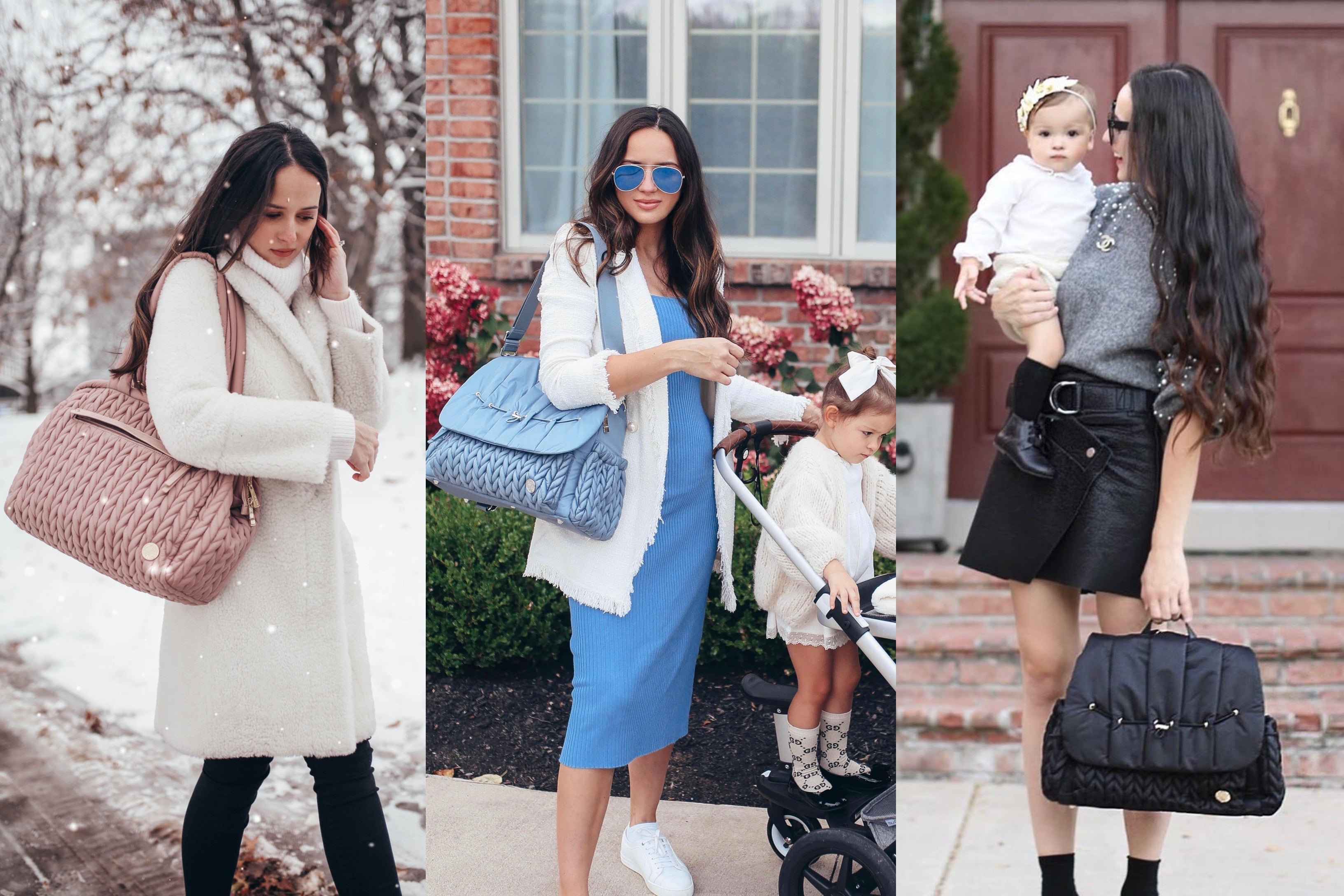 Influencer Victoria Kozlyuk styles her HAPP Paige Carryall Rose and Levy Backpacks in Blue and Black, with her daughter.