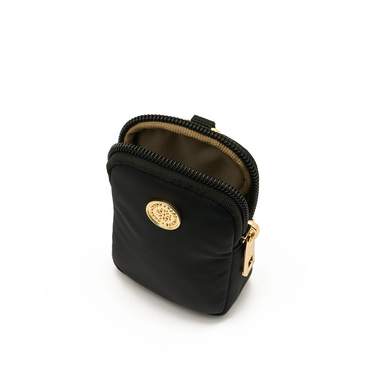 Black clip-on pouch with gold clip, zipper, and hardware, standing upright with the zipper open, on a white background.