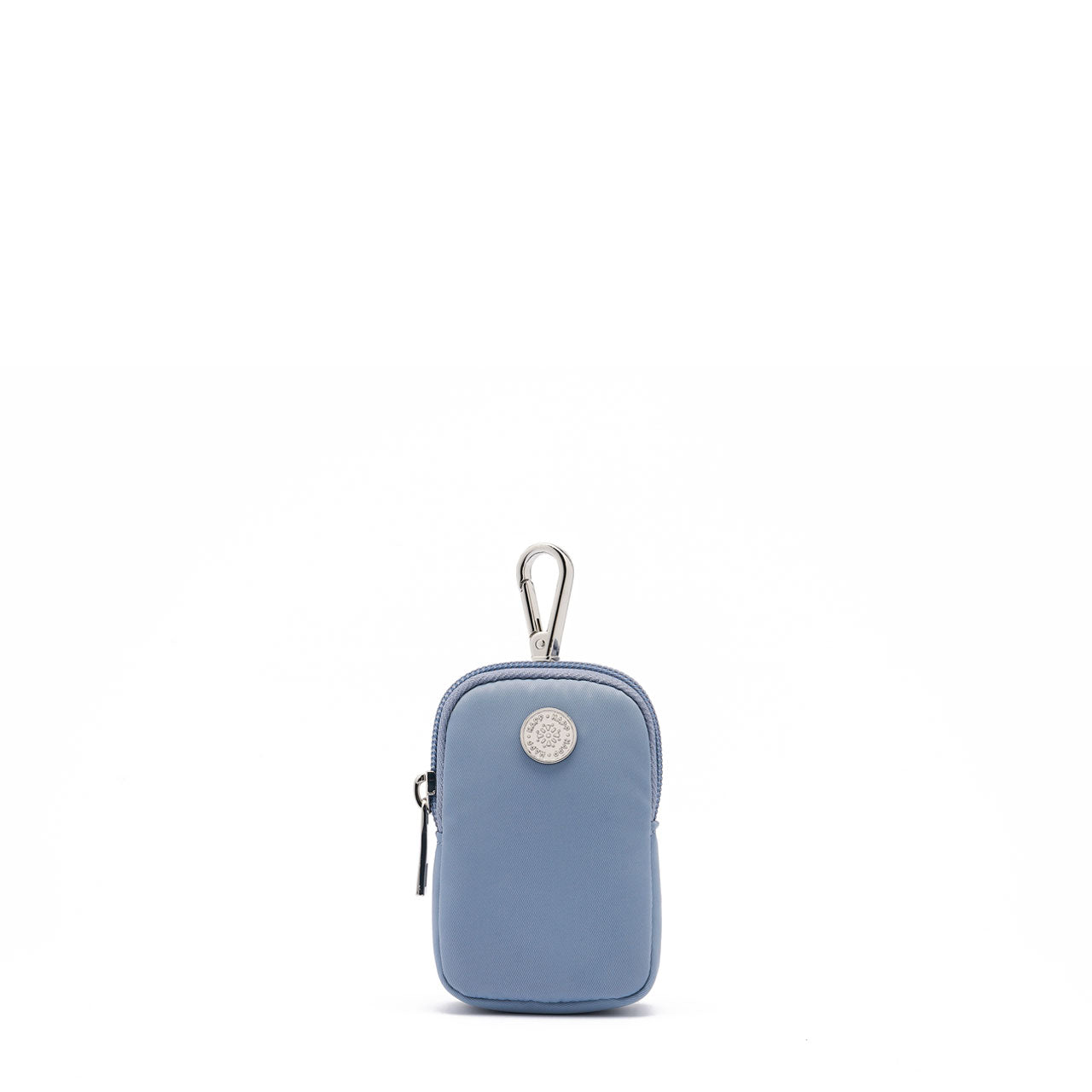 A blue clip-on pouch with a silver carabiner clip and a zipper, featuring a silver HAPP logo emblem.