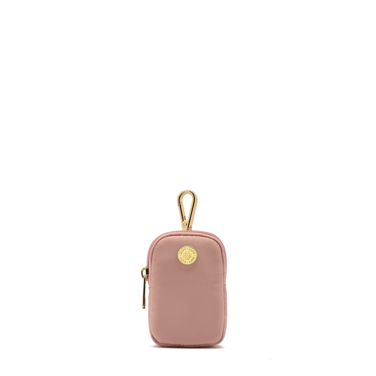 A rose clip-on pouch with a gold carabiner clip and a zipper, featuring a gold HAPP logo emblem.