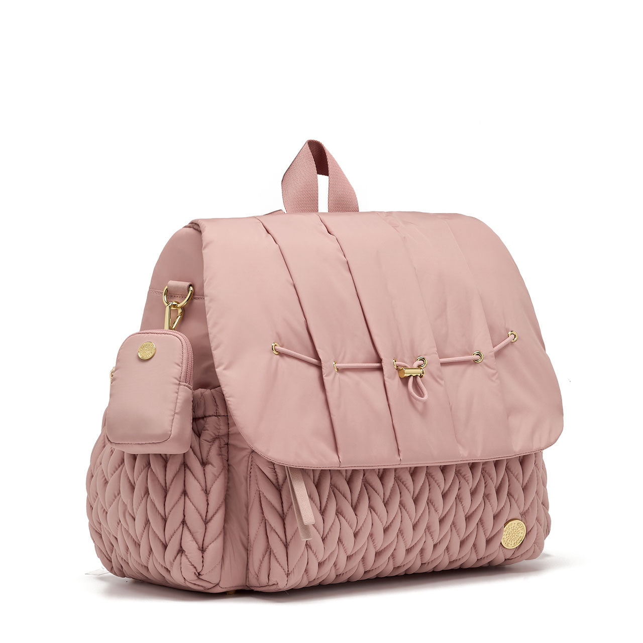Clip-on Pouch Rose shown attached to the side D-ring of the Levy Backpack Rose; both items have matching gold hardware.