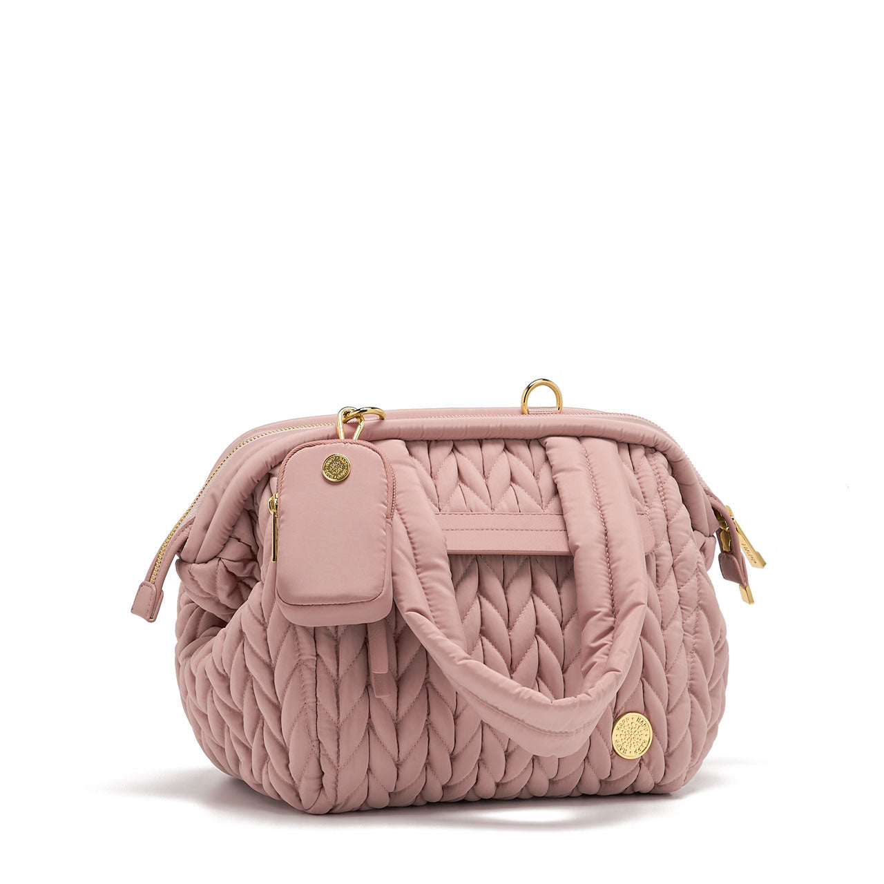 Clip-on Pouch Rose shown attached to the front D-ring of the Paige Mini Rose; both items have matching gold hardware.
