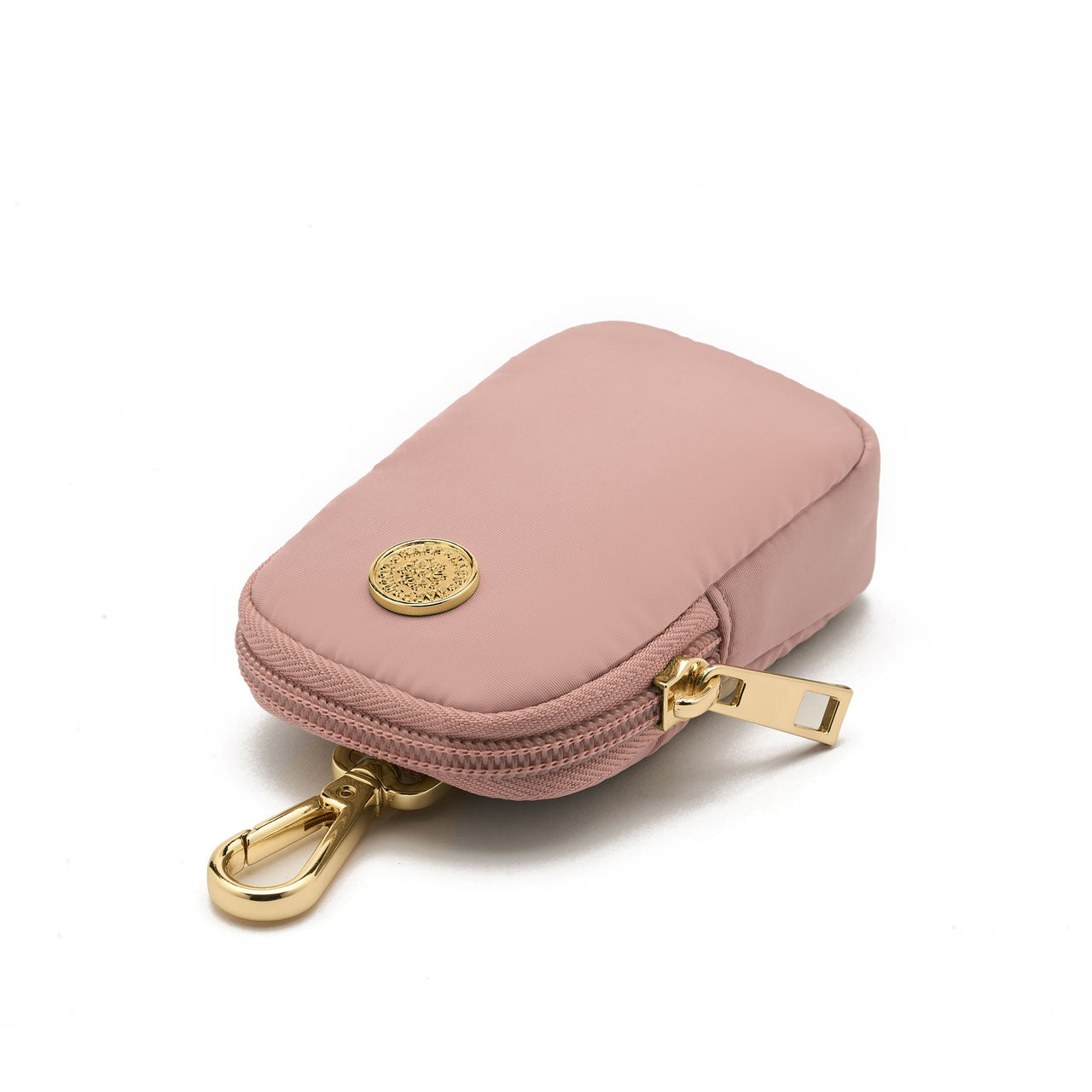 Rose clip-on pouch with gold clip, zipper, and hardware, lying flat on a white background.